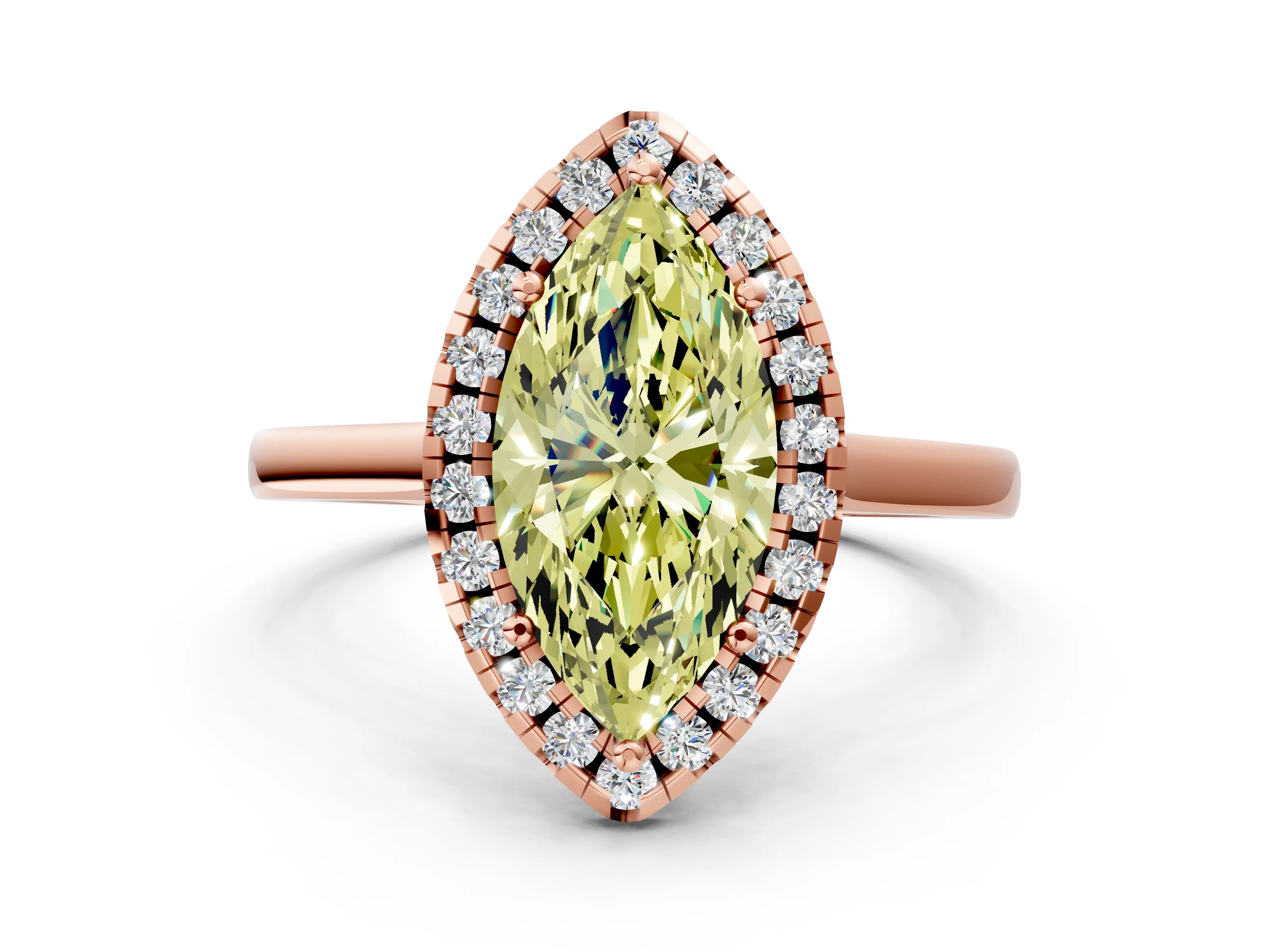 Rose gold Fancy Yellow Marquise Cut Halo Round Diamond Solitaire Ring with Pavé Band and Four-Prong Setting