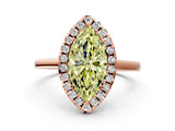 Rose gold Fancy Yellow Marquise Cut Halo Round Diamond Solitaire Ring with Pavé Band and Four-Prong Setting