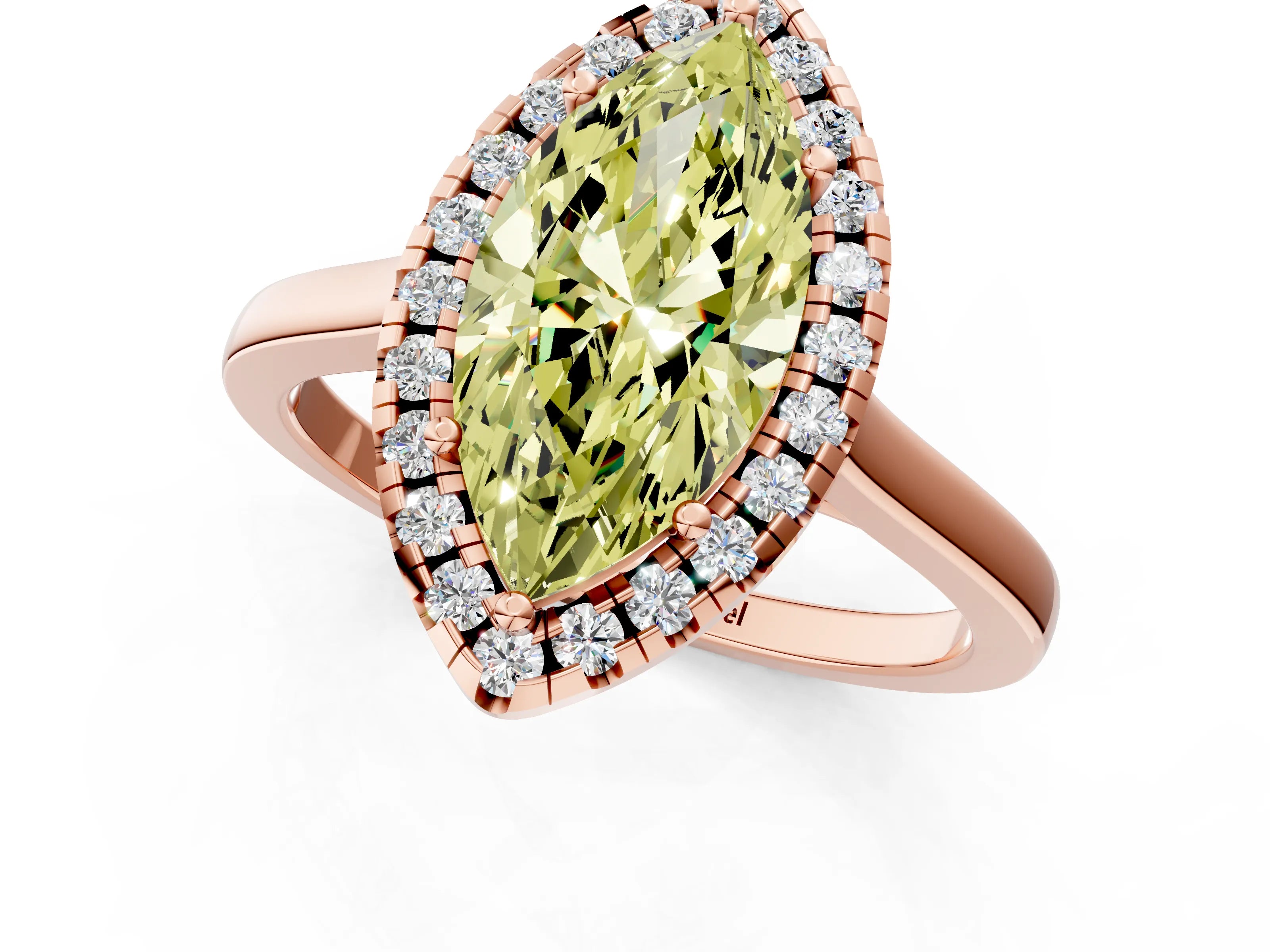 Rose gold Fancy Yellow Marquise Cut Halo Round Diamond Solitaire Ring with Pavé Band and Four-Prong Setting_1