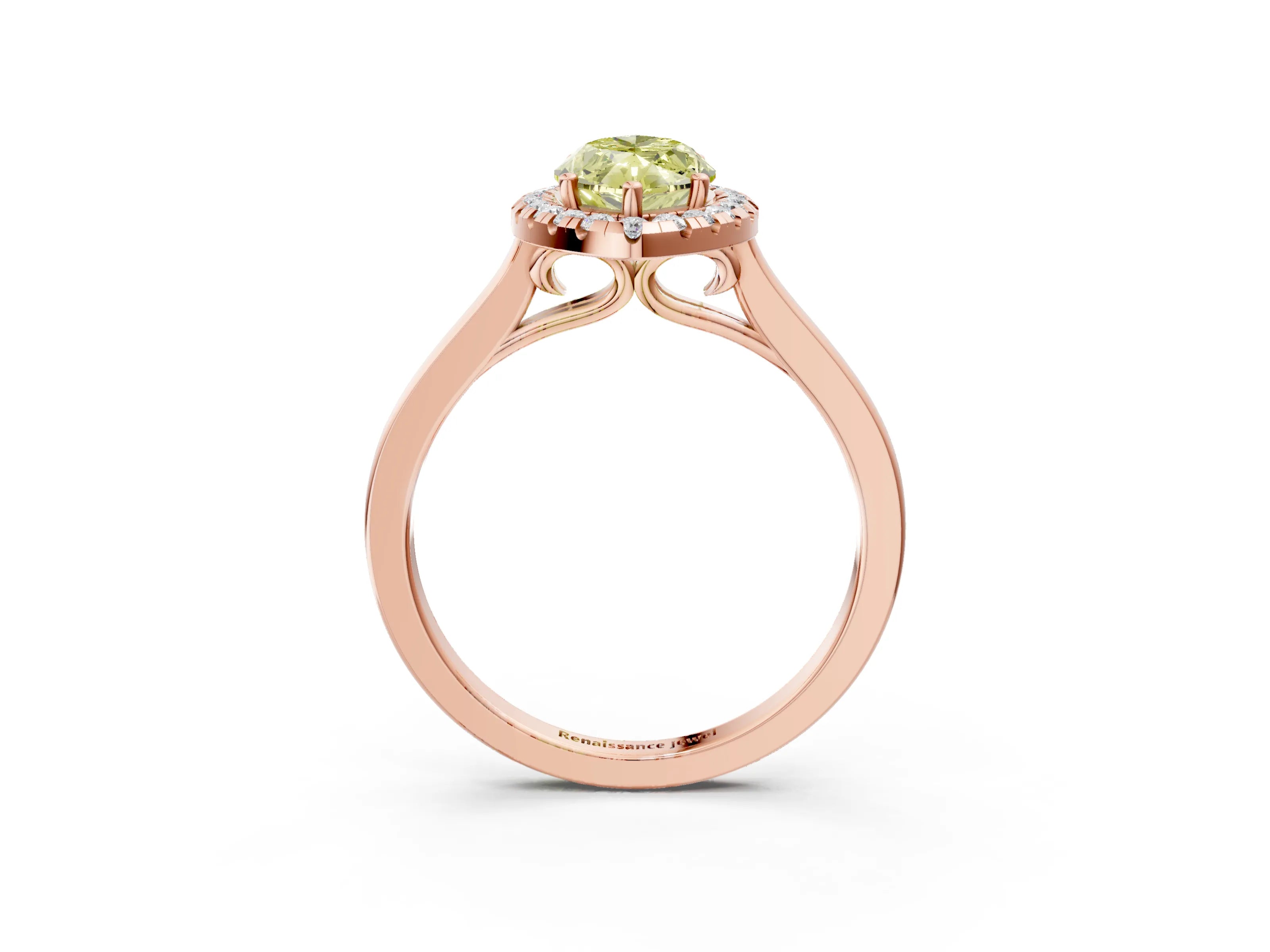 Rose gold Fancy Yellow Marquise Cut Halo Round Diamond Solitaire Ring with Pavé Band and Four-Prong Setting_3