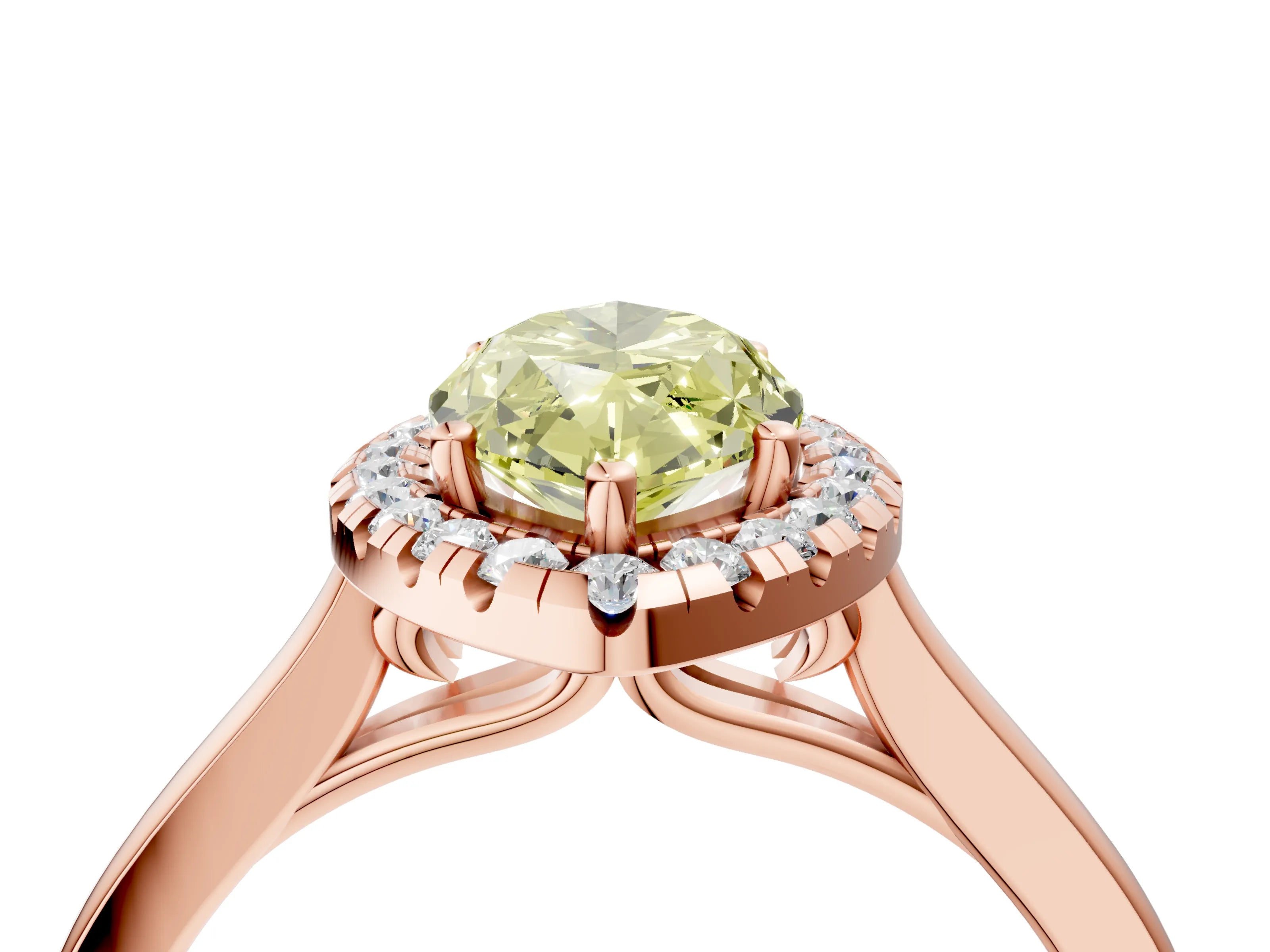Rose gold Fancy Yellow Marquise Cut Halo Round Diamond Solitaire Ring with Pavé Band and Four-Prong Setting_4
