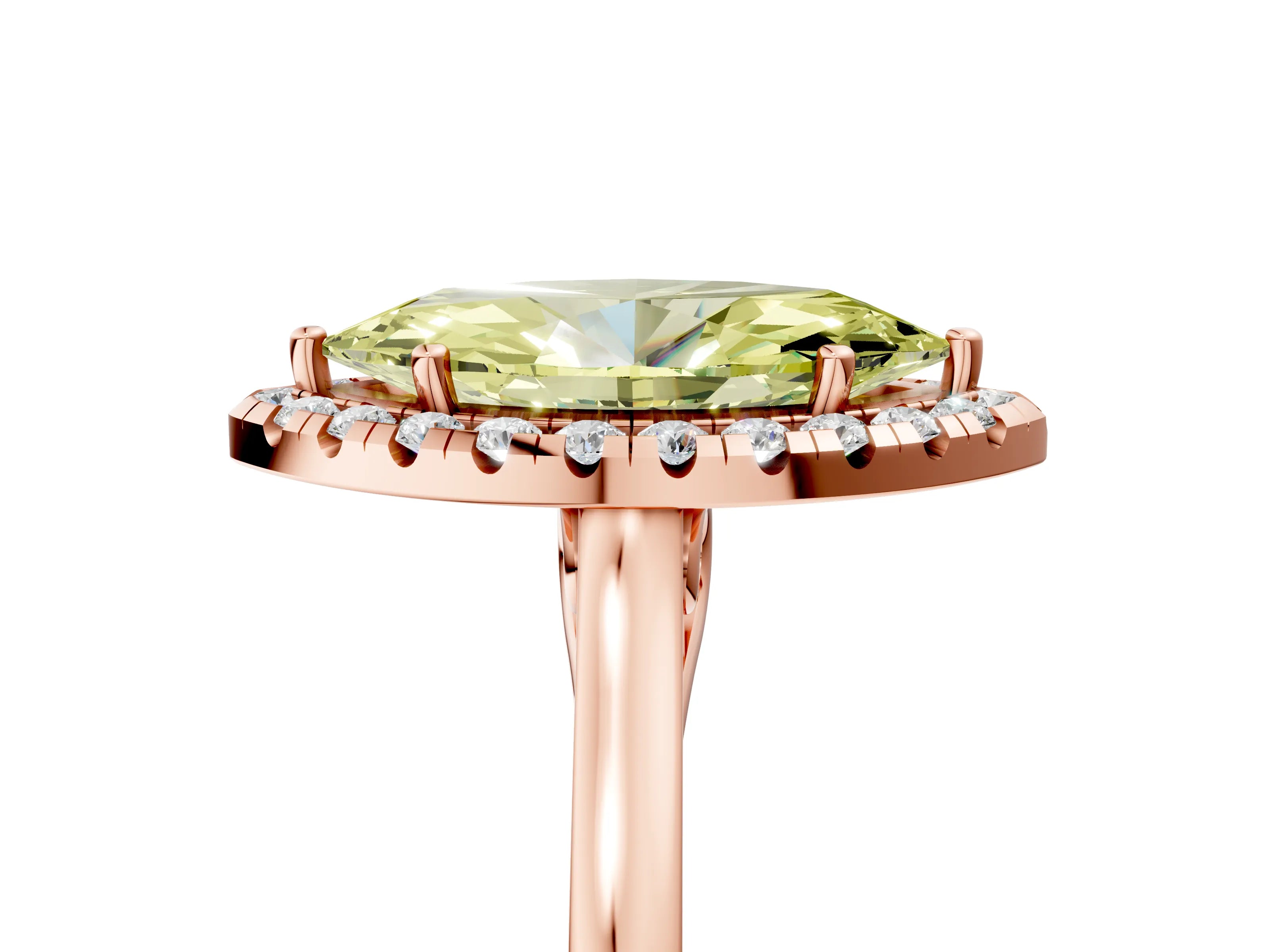 Rose gold Fancy Yellow Marquise Cut Halo Round Diamond Solitaire Ring with Pavé Band and Four-Prong Setting_5