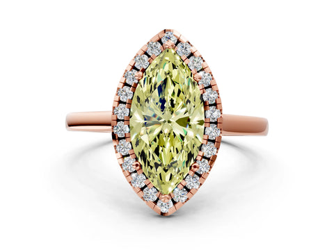 Rose gold Fancy Yellow Marquise Cut Halo Round Diamond Solitaire Ring with Pavé Band and Four-Prong Setting