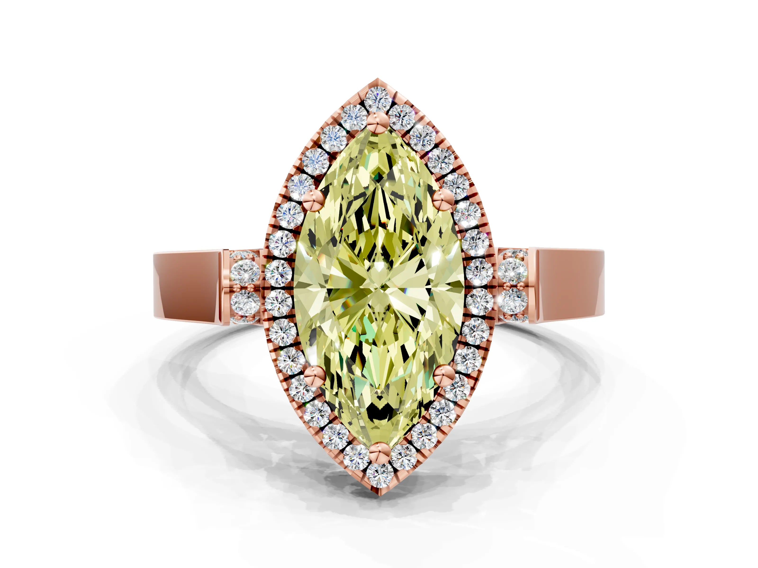 Rose gold Fancy Yellow Marquise Cut Halo Round Diamond Twist Band with Four-Prong Setting