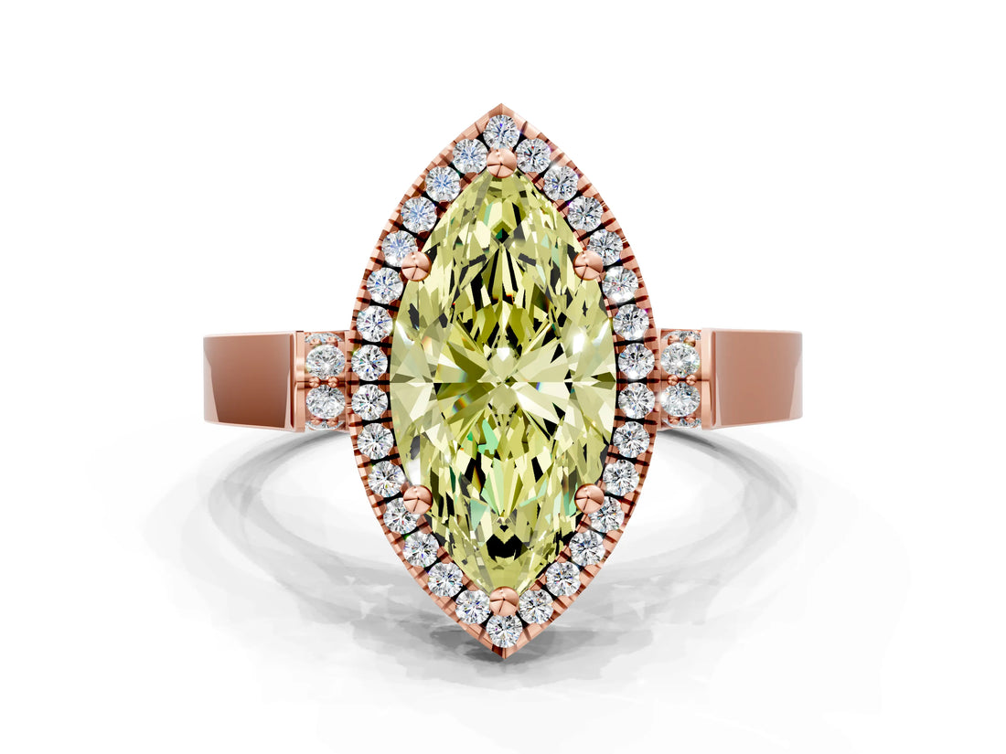 Rose gold Fancy Yellow Marquise Cut Halo Round Diamond Twist Band with Four-Prong Setting