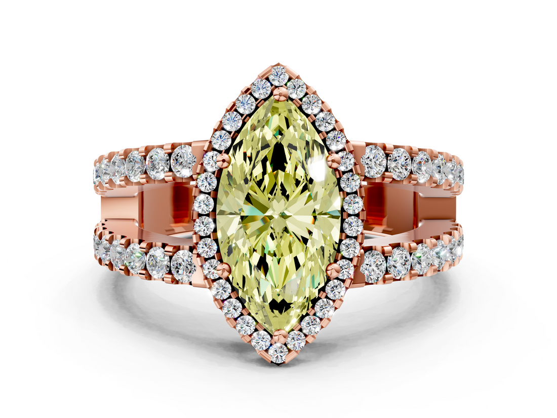 Rose gold Fancy Yellow Marquise  Cut Halo Split Shank Diamond Ring with Four-Prong Setting
