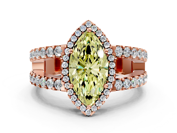 Rose gold Fancy Yellow Marquise  Cut Halo Split Shank Diamond Ring with Four-Prong Setting