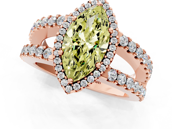 Rose gold Fancy Yellow Marquise  Cut Halo Split Shank Diamond Ring with Four-Prong Setting