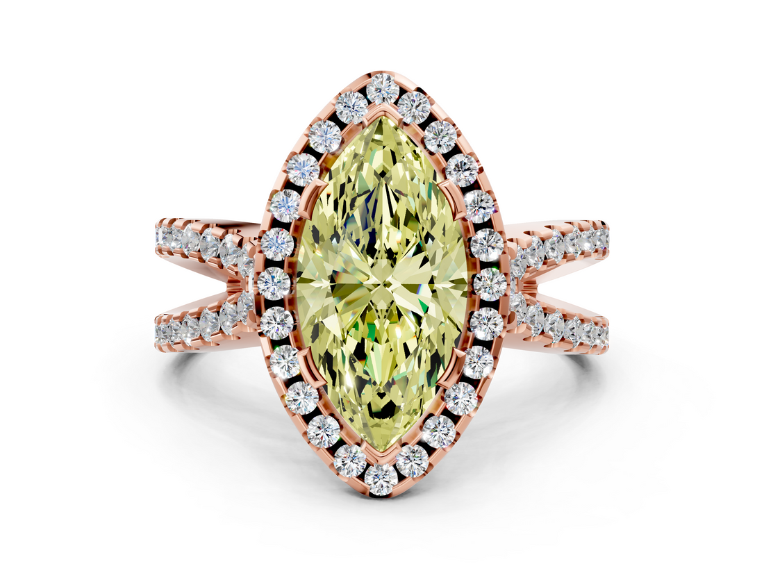 Rose gold Fancy Yellow Marquise  Cut Halo Split Shank Pave Set Ring
