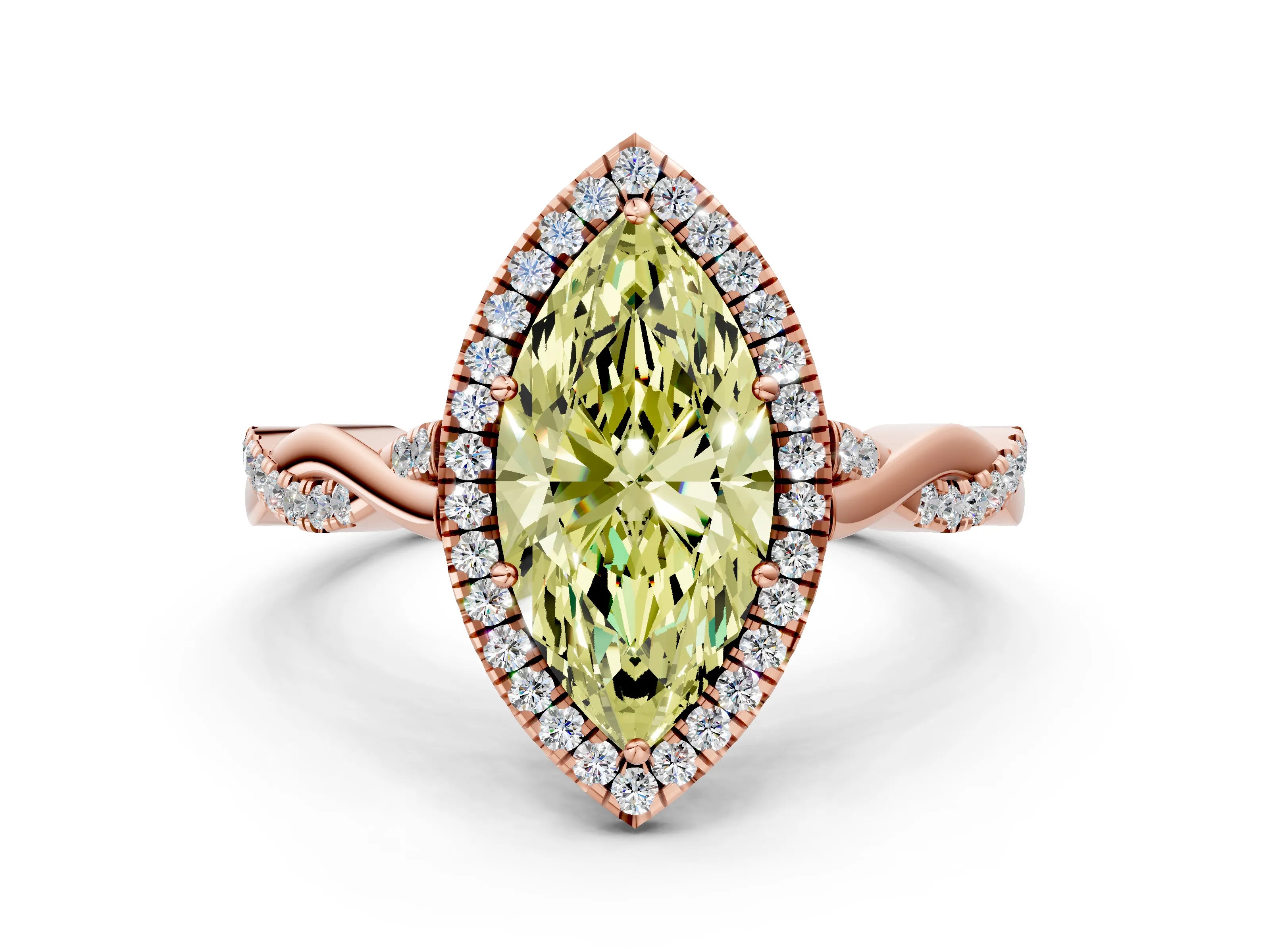 Rose gold Fancy Yellow Marquise Cut Halo Twist Band with Four-Prong Setting