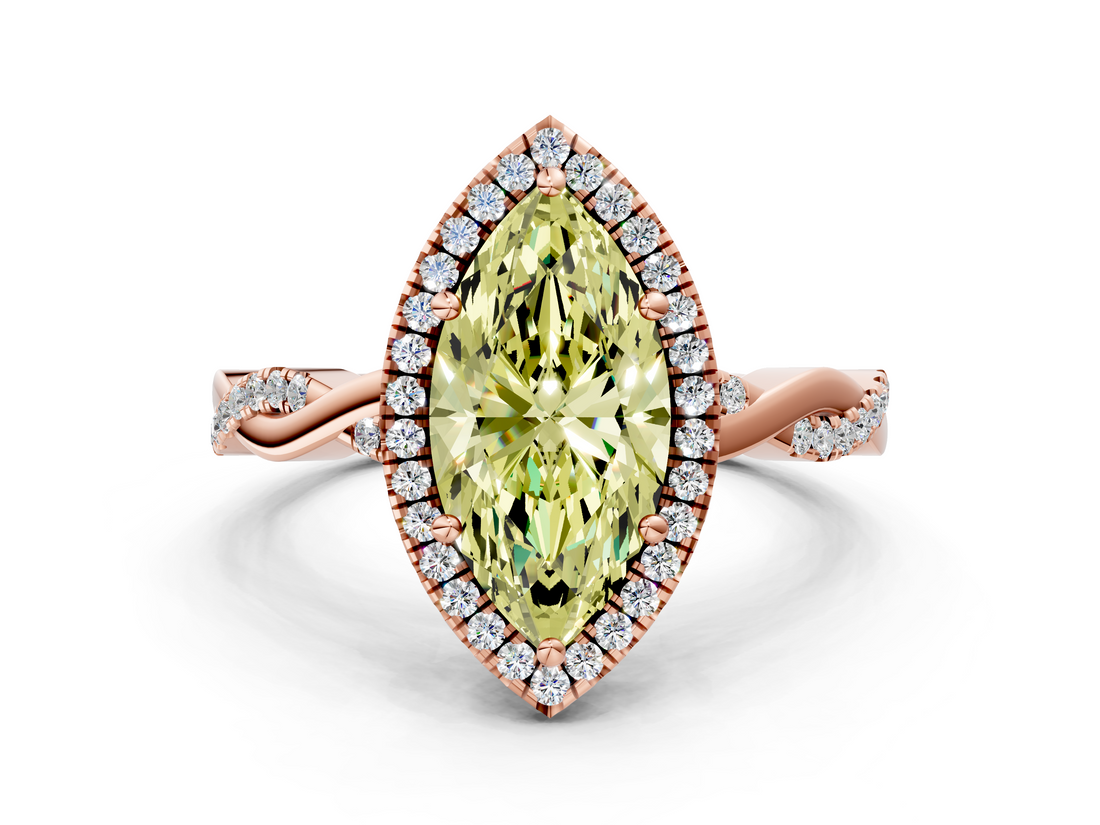 Rose gold Fancy Yellow Marquise  Cut Halo Twisted Band Four-Prong Ring