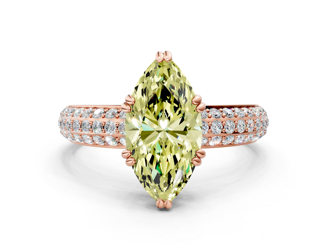 Rose gold Fancy Yellow Marquise  Cut Pave Diamond Engagement Ring with Channel Set Band and Four-Prong Setting
