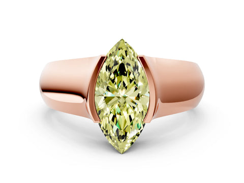 Rose gold Fancy Yellow Marquise Cut Solitaire Bezel Set Diamond Ring with Wide Band