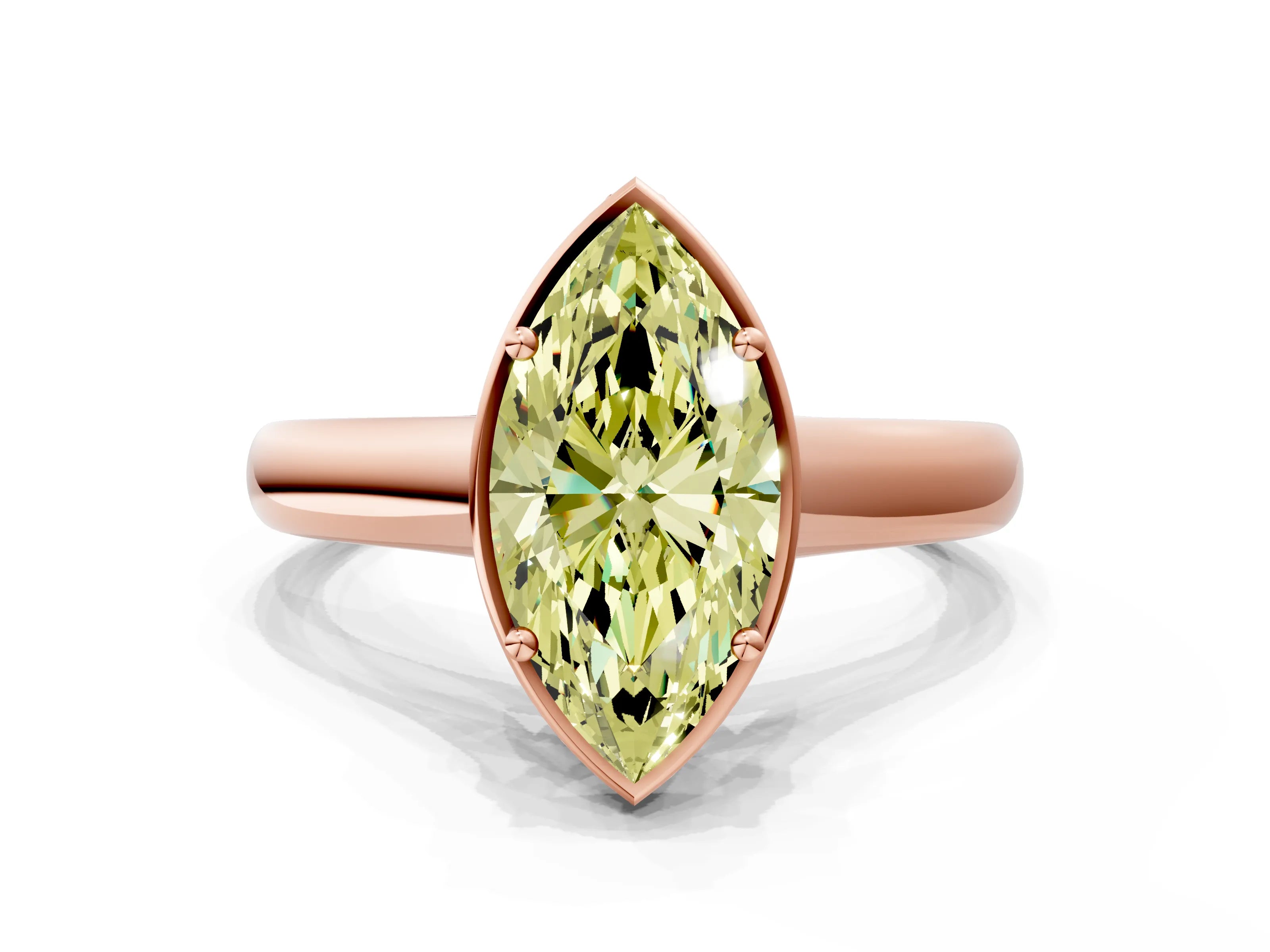Rose gold Fancy Yellow Marquise Cut Solitaire Diamond Engagement Ring with Four-Prong Setting and Tapered Band