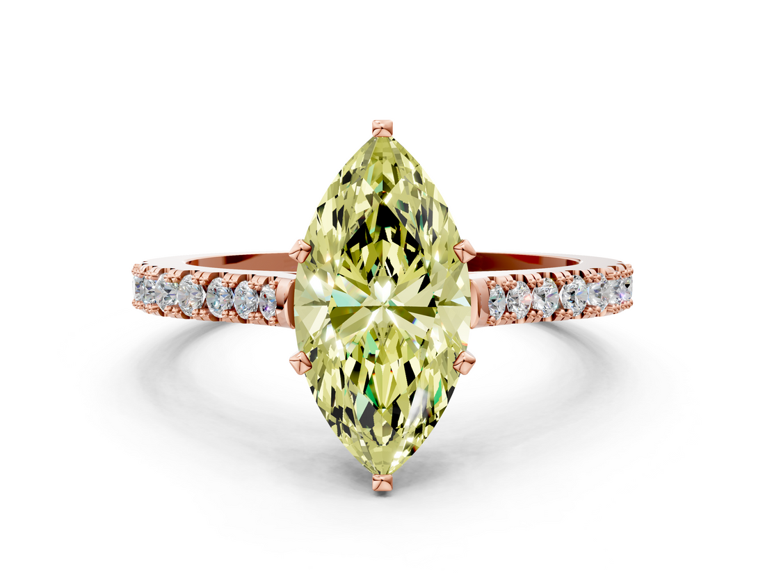 Rose gold Fancy Yellow Marquise  Cut Solitaire Diamond Engagement Ring with Pave Band and Four-Prong Setting
