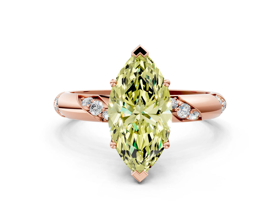 Rose gold Fancy Yellow Marquise Cut Solitaire Diamond Engagement Ring with Twisted Pave Band and Four-Prong Setting_3