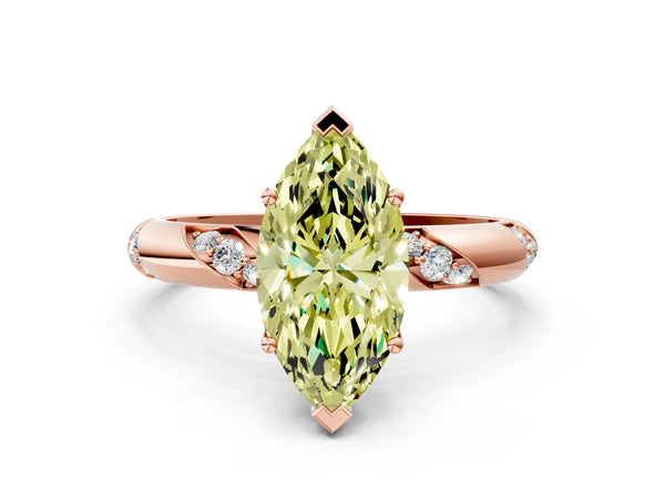 Rose gold Fancy Yellow Marquise Cut Solitaire Diamond Engagement Ring with Twisted Pave Band and Four-Prong Setting