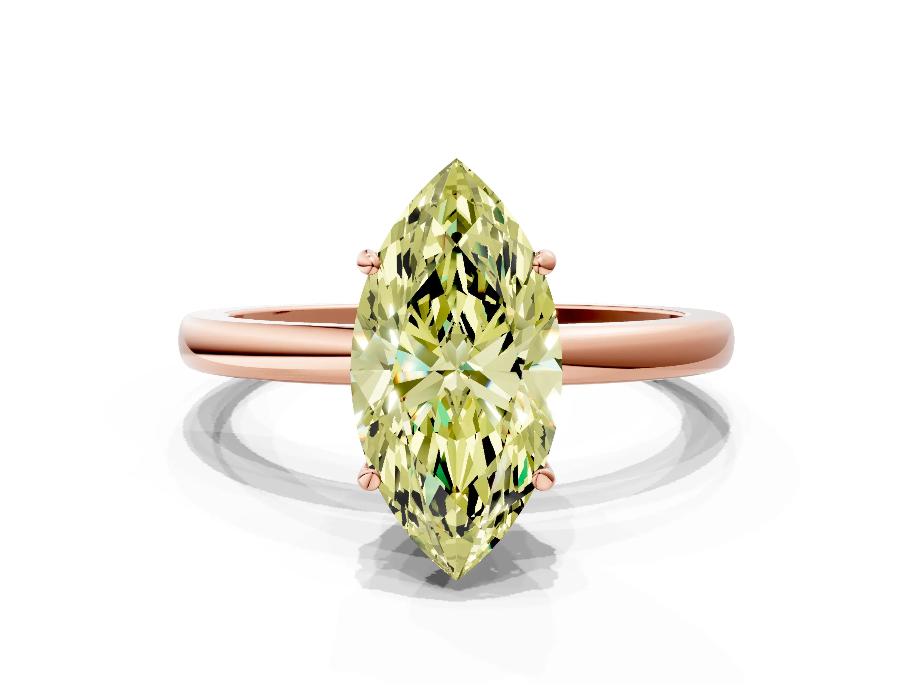 Rose gold Fancy Yellow Marquise Cut Solitaire Diamond Ring with Prong Setting and Plain Band