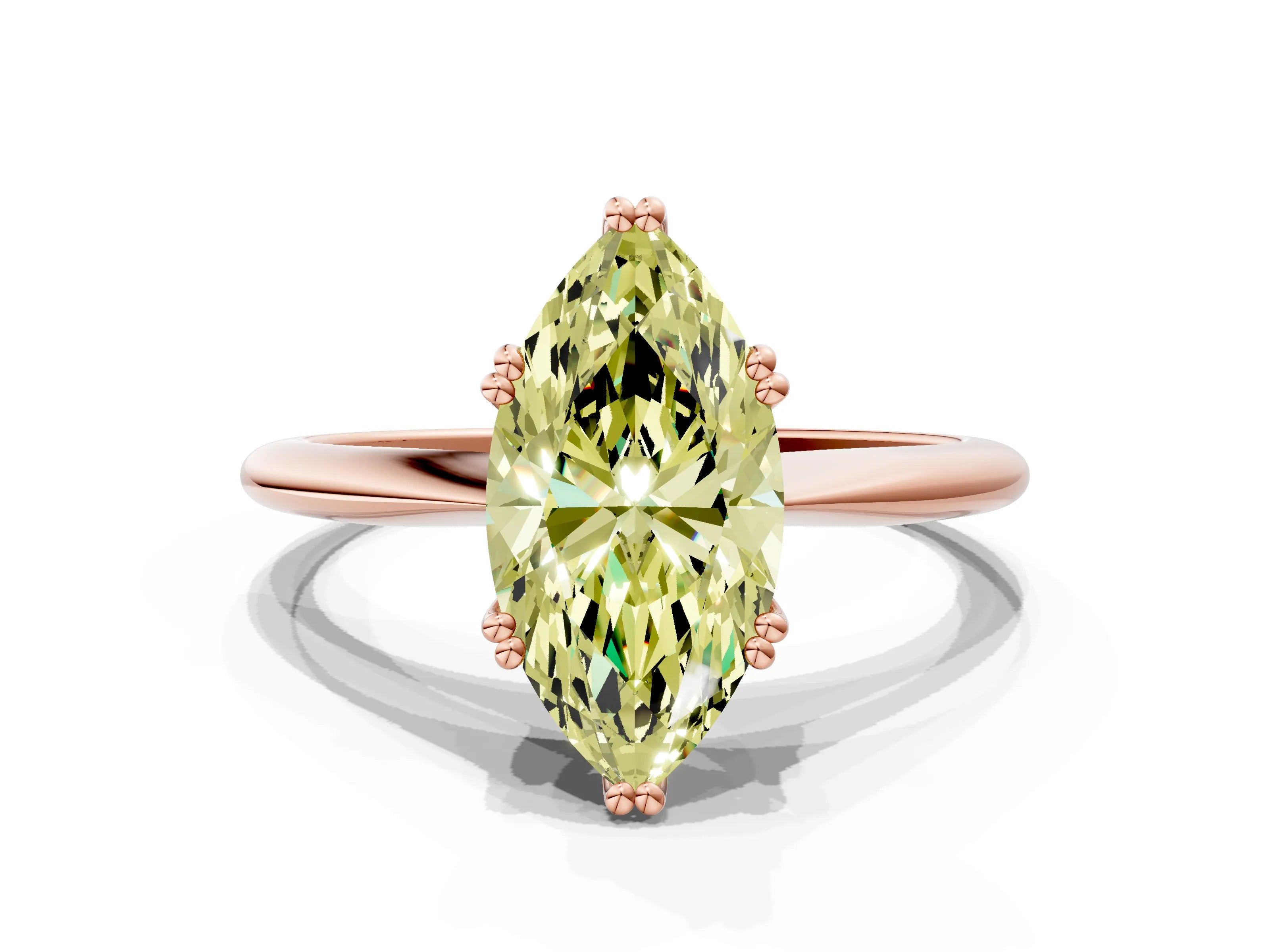 Rose gold Fancy Yellow Marquise Cut Solitaire Diamond Ring with Six-Prong Setting and Classic Band