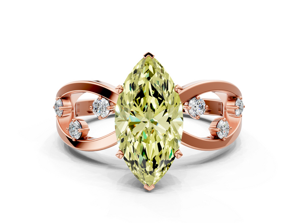 Rose gold Fancy Yellow Marquise  Cut Solitaire Diamond with Side Stones on Criss-Cross Band and Four-Prong Setting