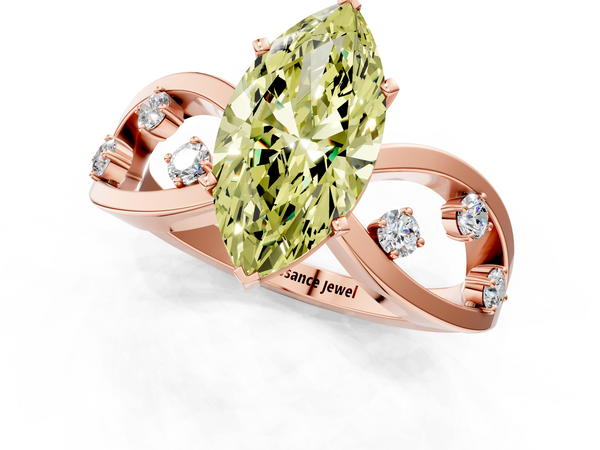 Rose gold Fancy Yellow Marquise  Cut Solitaire Diamond with Side Stones on Criss-Cross Band and Four-Prong Setting