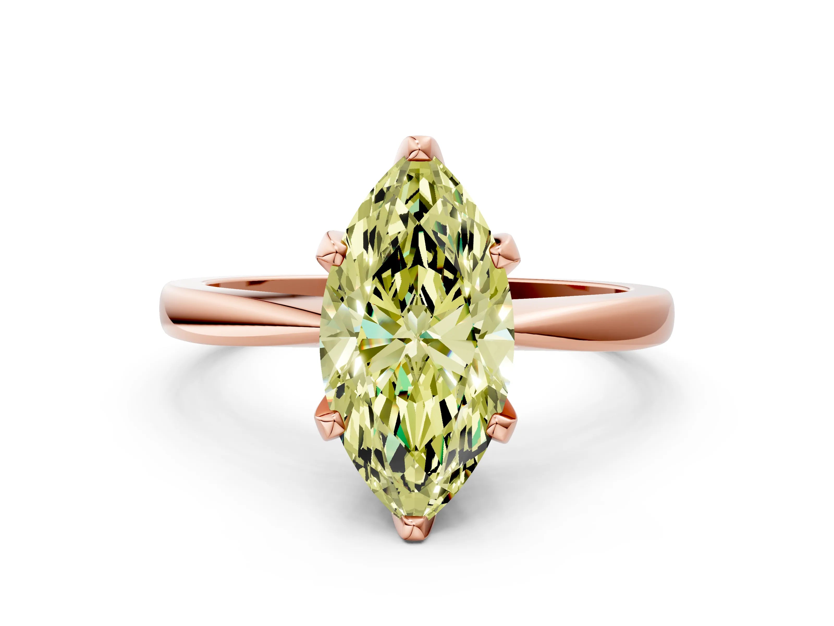 Rose gold Fancy Yellow Marquise Cut Solitaire Engagement Ring with Six-Prong Setting and Tapered Band