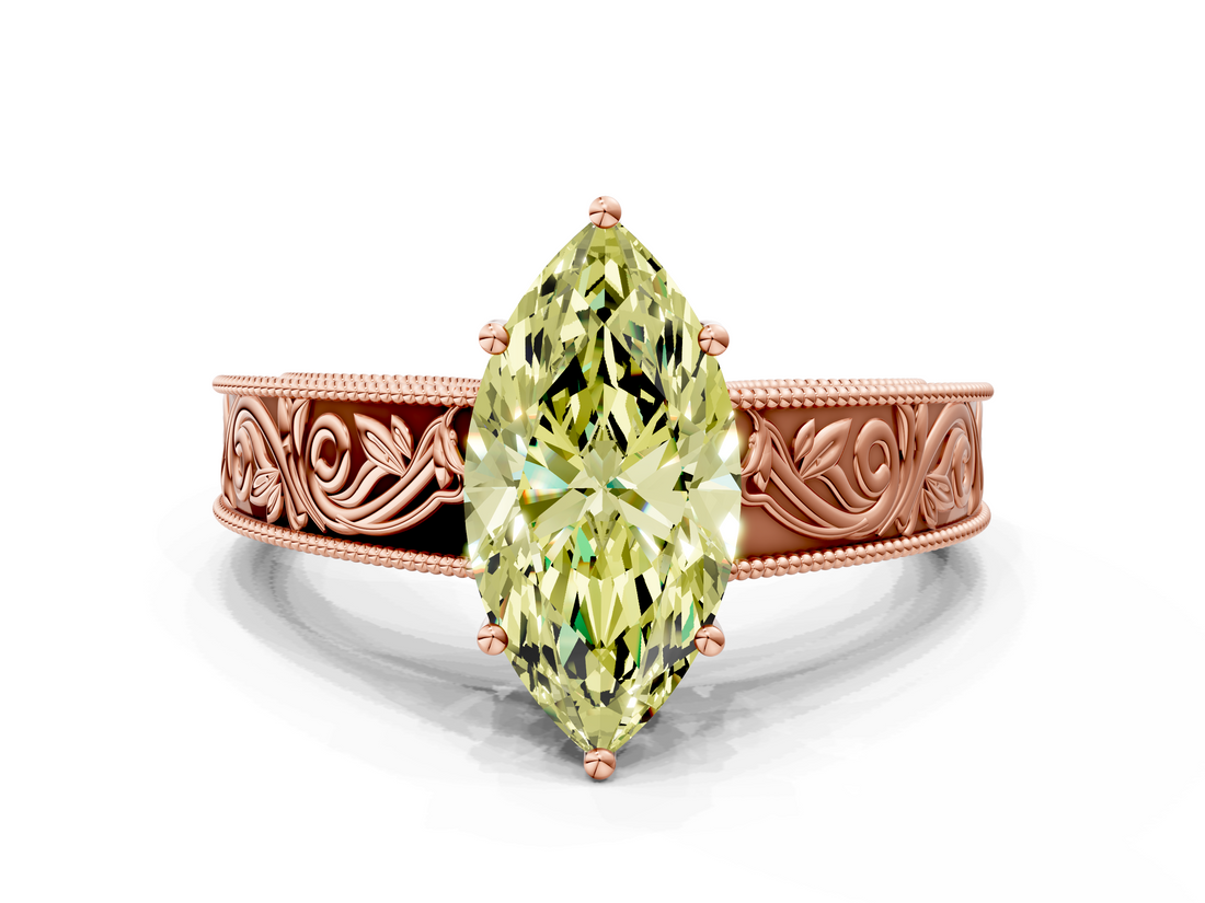 Rose gold Fancy Yellow Marquise  Cut Solitaire Engraved Band with Four-Prong Setting
