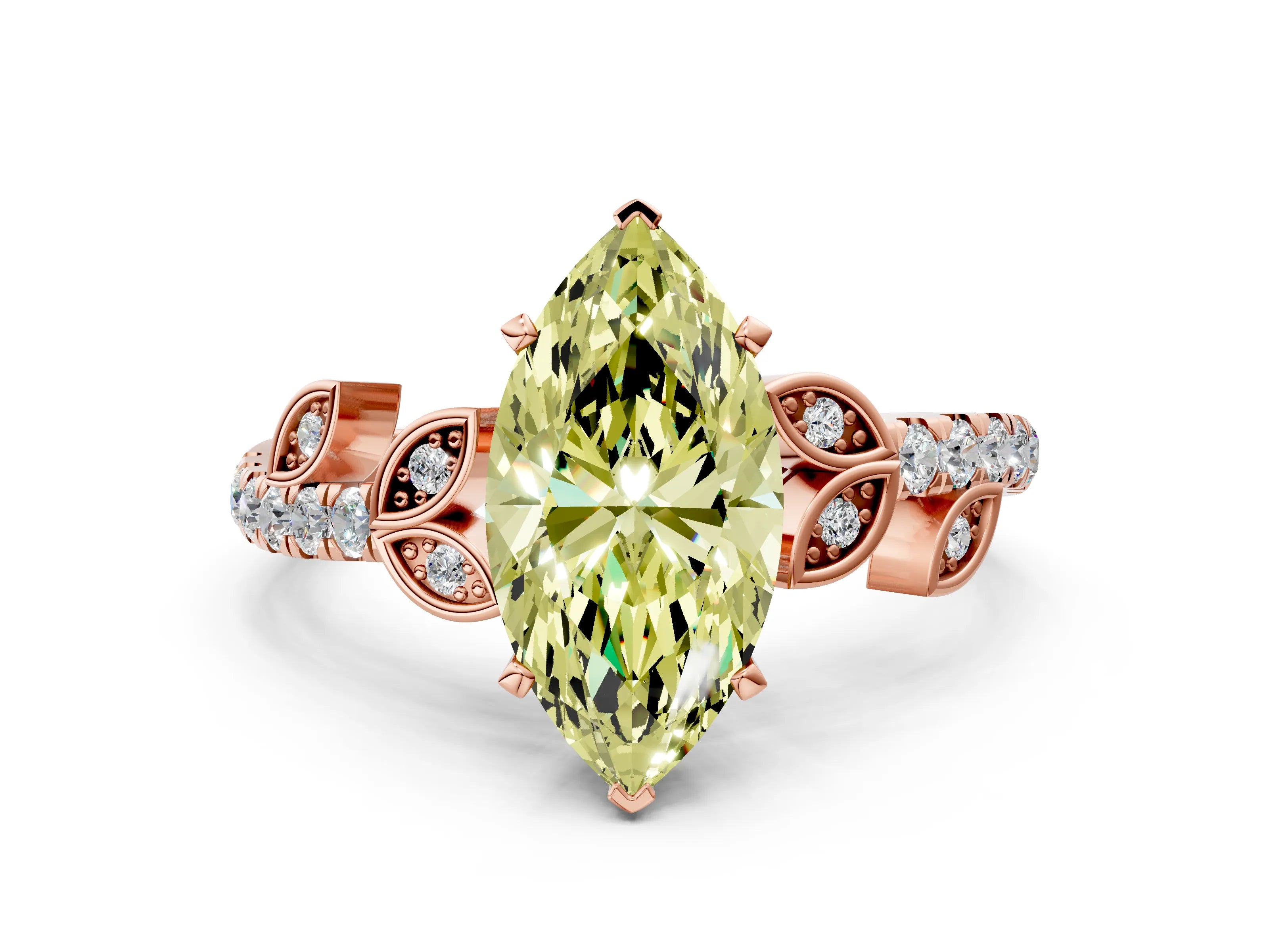 Rose gold Fancy Yellow Marquise Cut Solitaire Leaf-Inspired Diamond Ring with Pavé Band and Four-Prong Setting