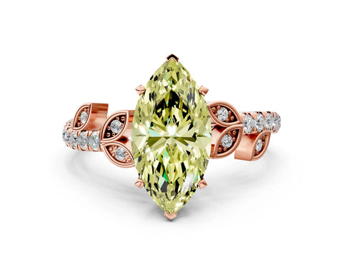 Rose gold Fancy Yellow Marquise Cut Solitaire Leaf-Inspired Diamond Ring with Pavé Band and Four-Prong Setting