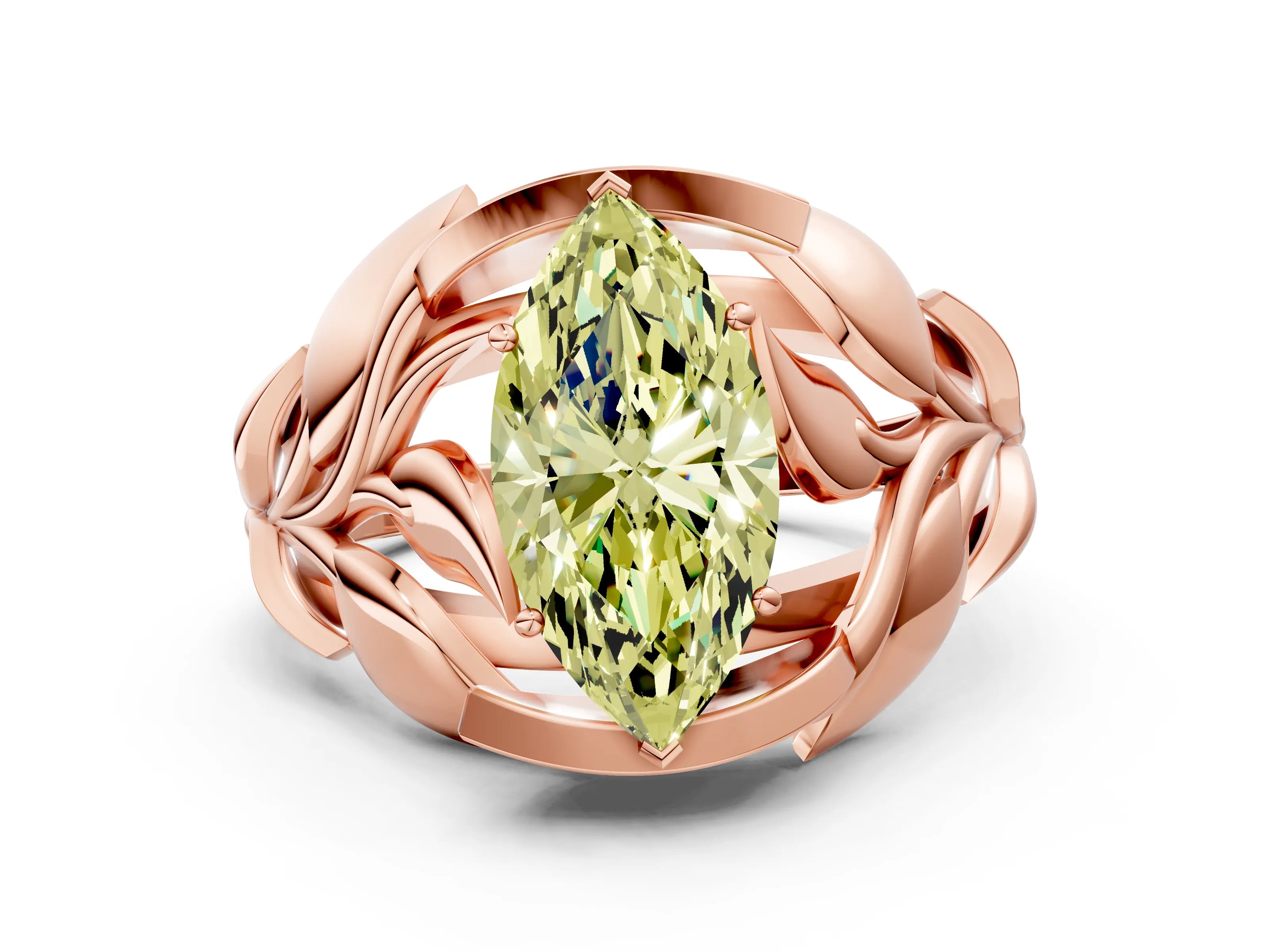 Rose gold Fancy Yellow Marquise Cut Solitaire Leaf-Inspired Engagement Ring with Prong Setting