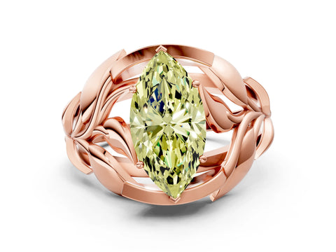 Rose gold Fancy Yellow Marquise Cut Solitaire Leaf-Inspired Engagement Ring with Prong Setting
