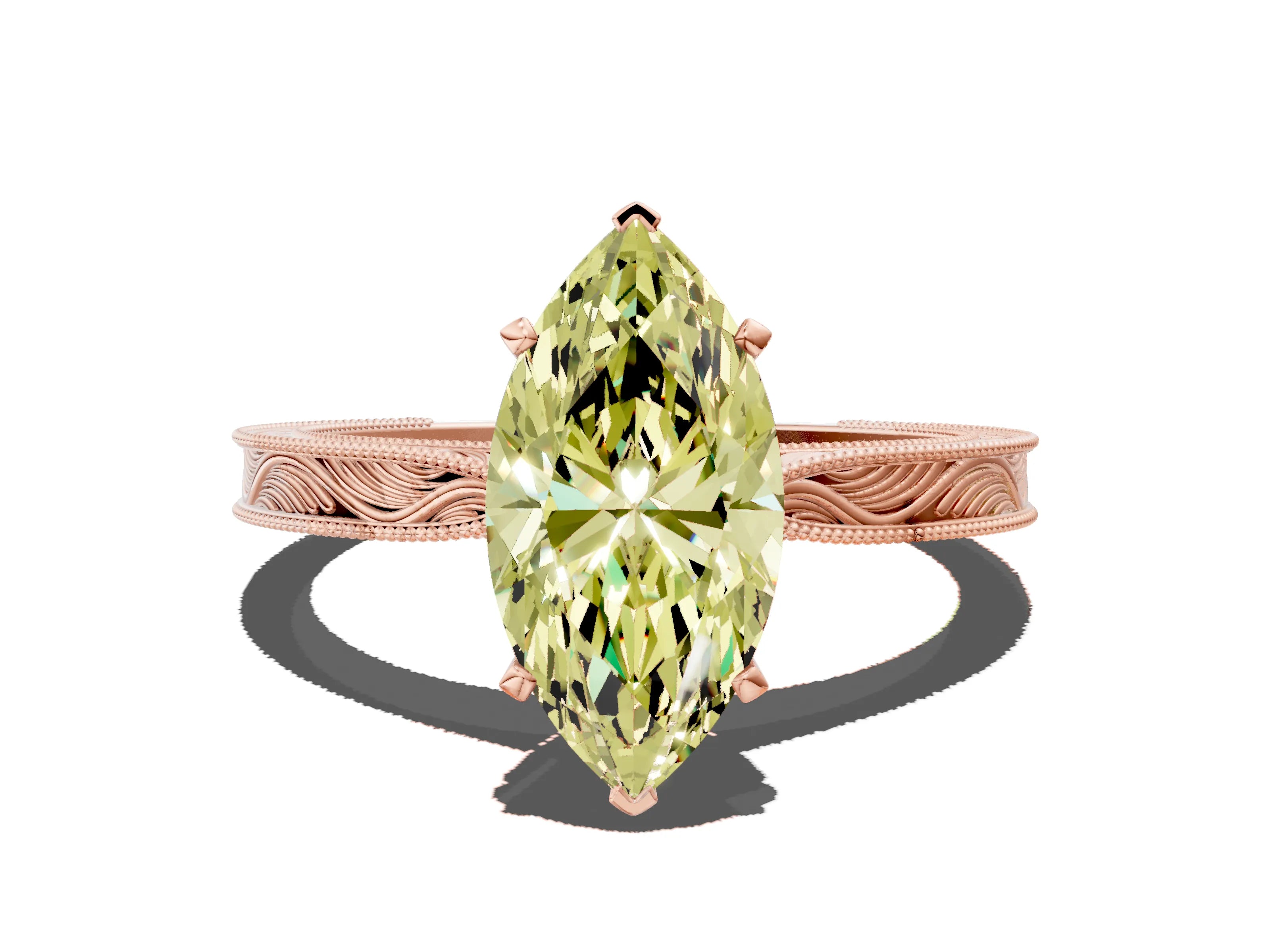 Rose gold Fancy Yellow Marquise Cut Solitaire Milgrain Engraved Band with Four-Prong Setting