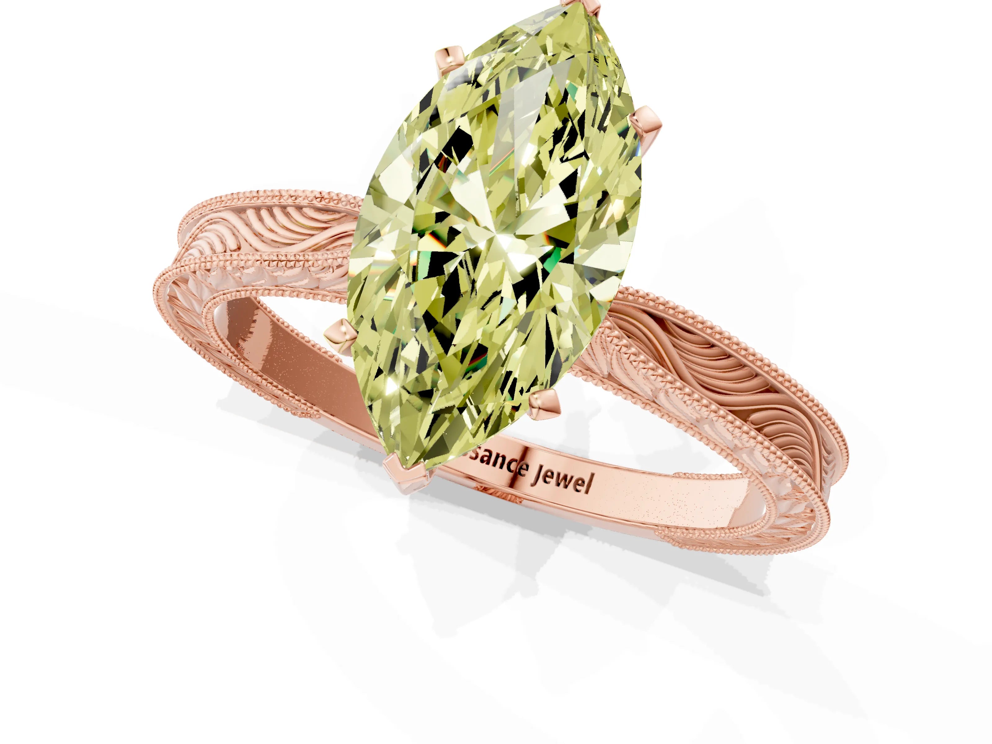 Rose gold Fancy Yellow Marquise Cut Solitaire Milgrain Engraved Band with Four-Prong Setting_1