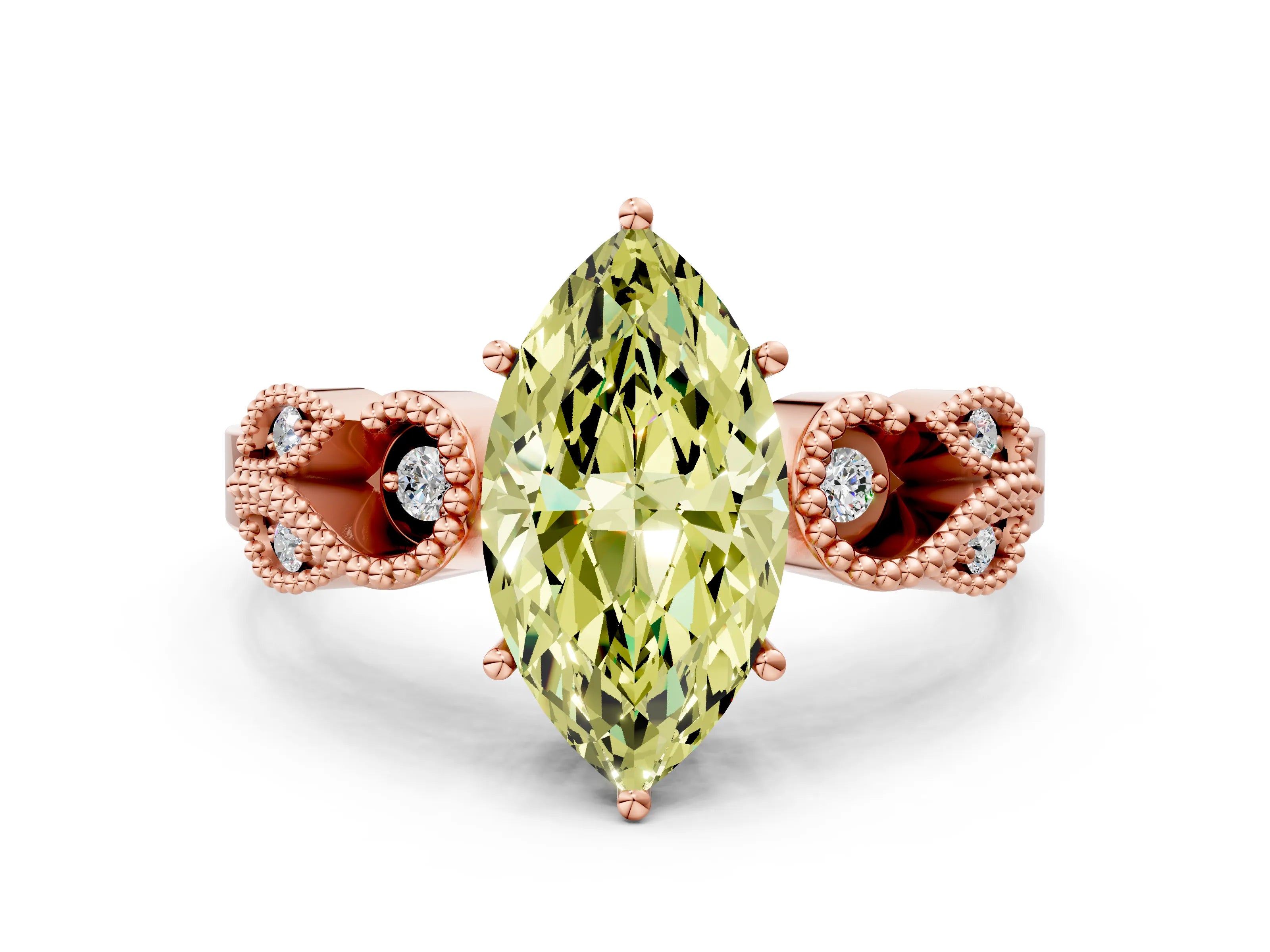 Rose gold Fancy Yellow Marquise Cut Solitaire Milgrain Leaf Band with Prong Setting
