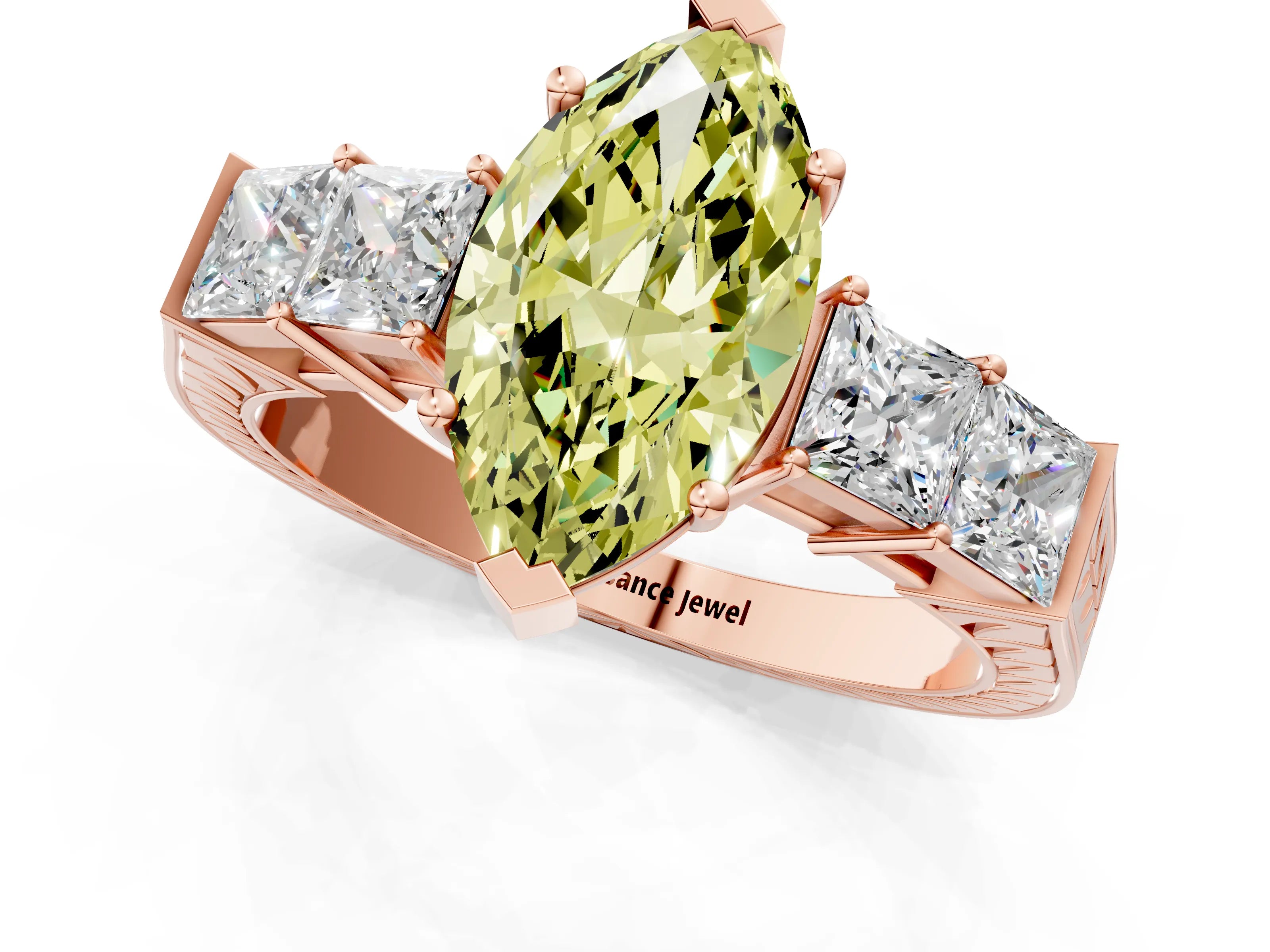 Rose gold Fancy Yellow Marquise Cut Solitaire Princess Side Stone Engraved Band Prong Setting Ring_1