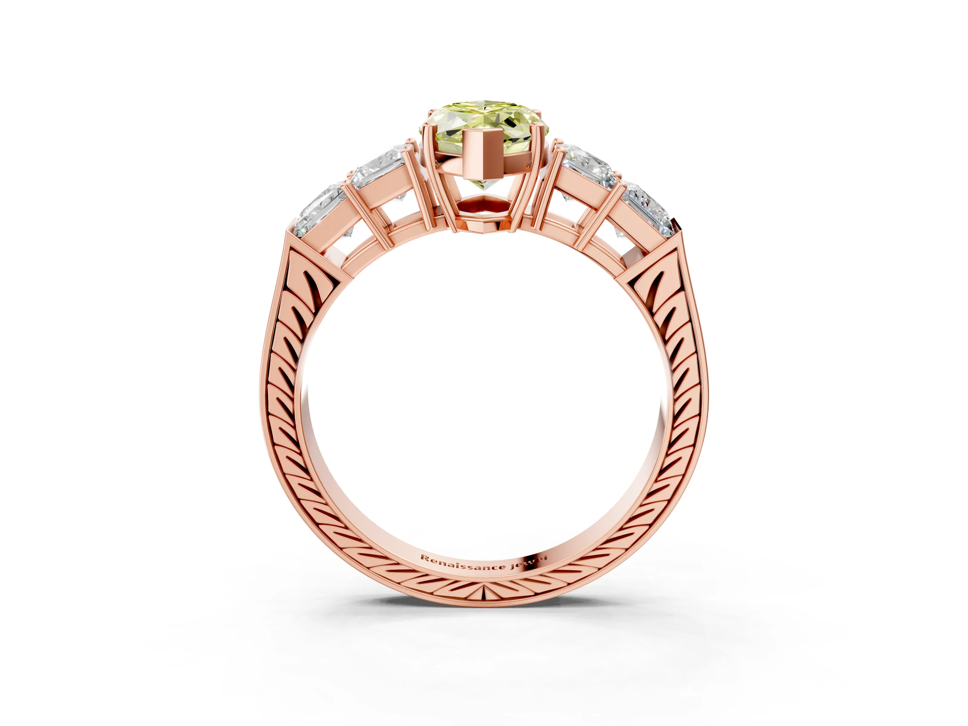 Rose gold Fancy Yellow Marquise Cut Solitaire Princess Side Stone Engraved Band Prong Setting Ring_3
