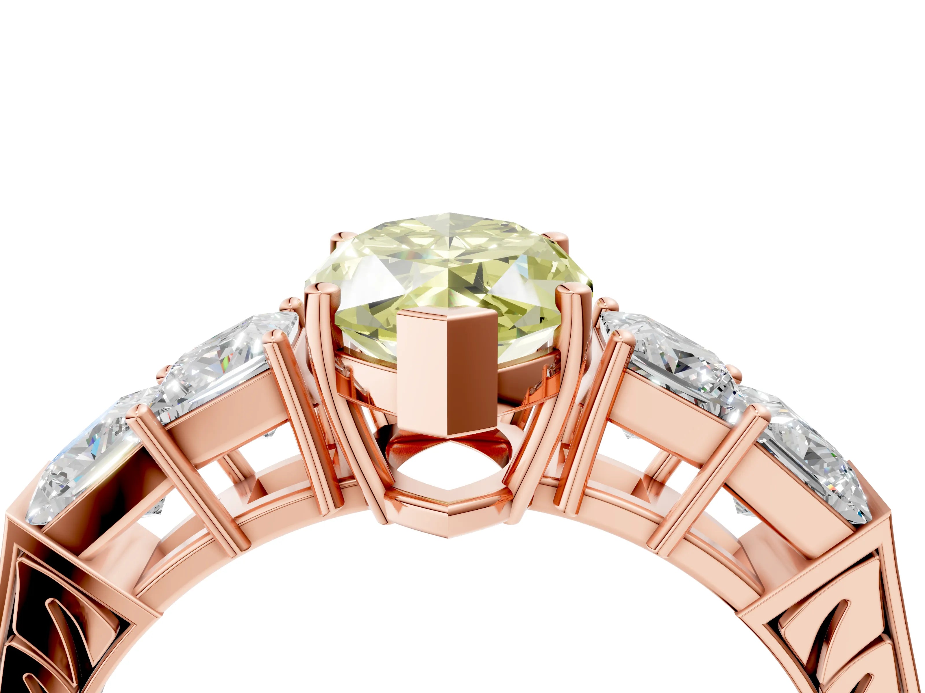 Rose gold Fancy Yellow Marquise Cut Solitaire Princess Side Stone Engraved Band Prong Setting Ring_4