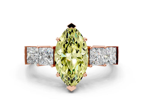 Rose gold Fancy Yellow Marquise Cut Solitaire Princess Side Stone Engraved Band Prong Setting Ring