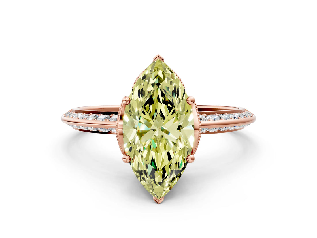 Rose gold Fancy Yellow Marquise Cut Solitaire Split Shank Pave Diamond Engagement Ring with Four-Prong Setting