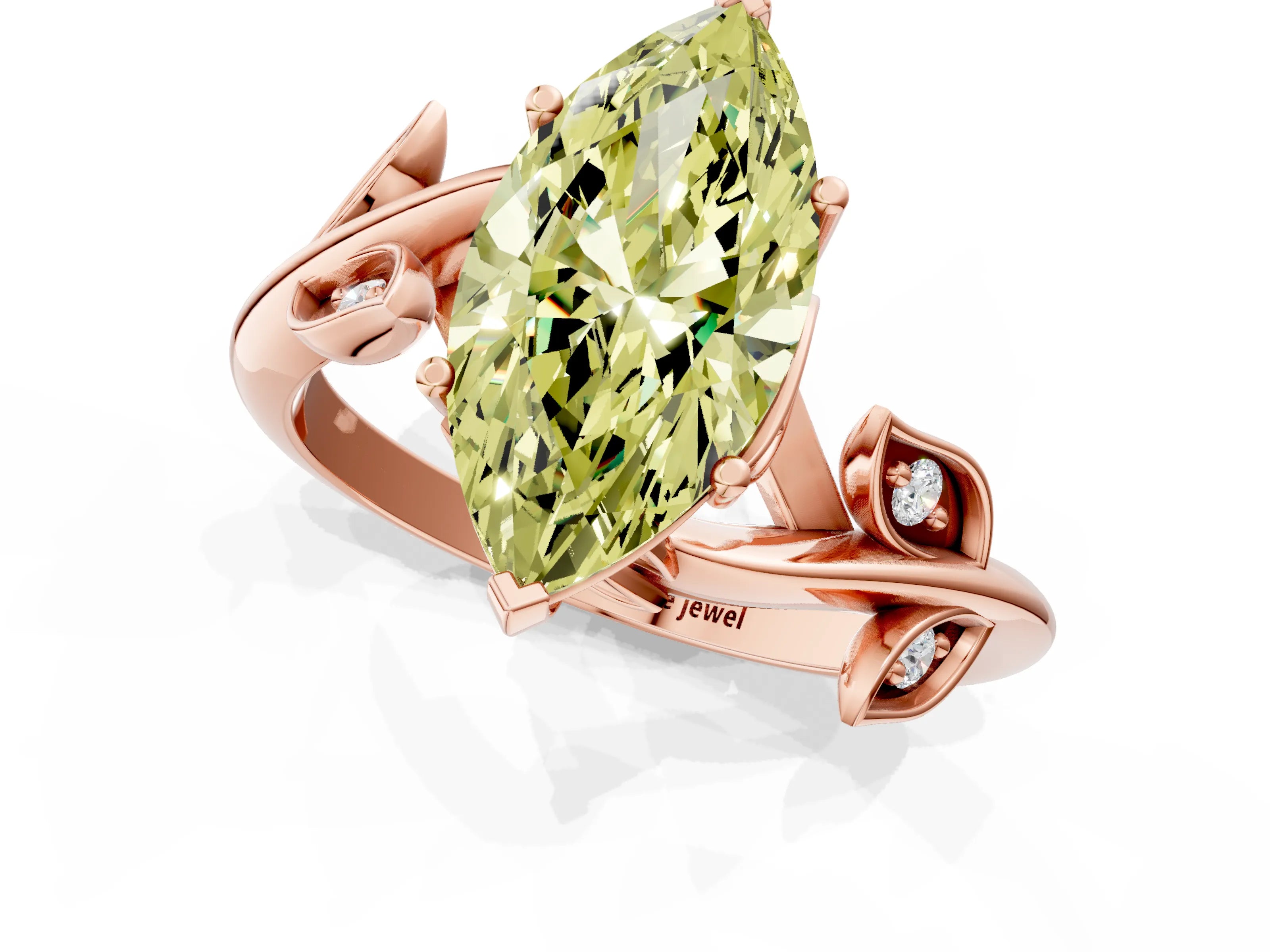 Rose gold Fancy Yellow Marquise Cut Solitaire Twist Engagement Ring with Leaf Accents and Prong Setting_1