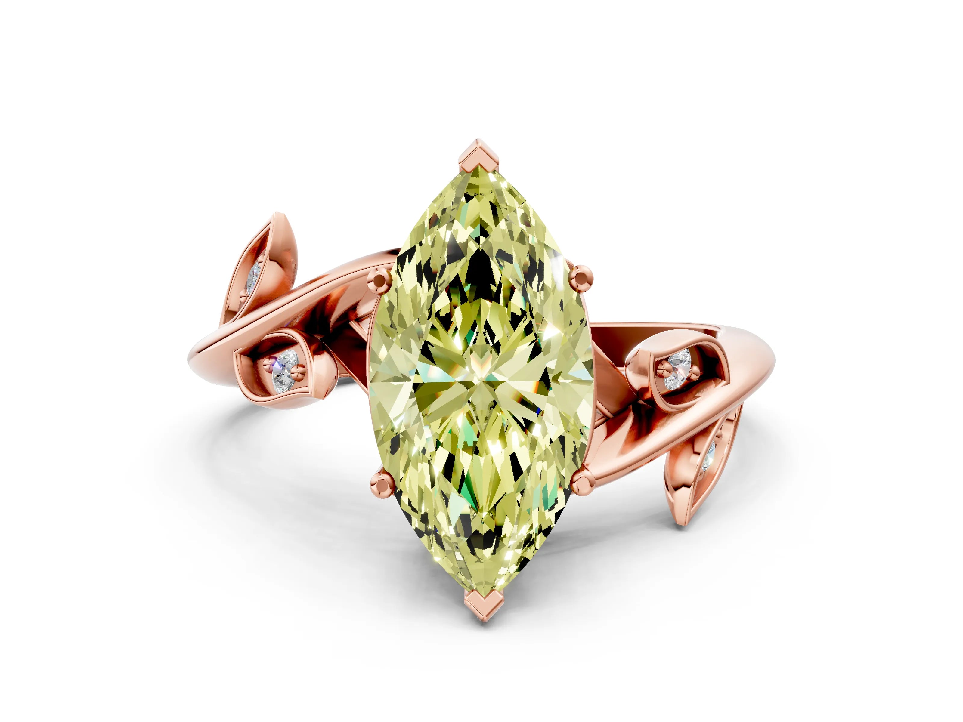 Rose gold Fancy Yellow Marquise Cut Solitaire Twist Engagement Ring with Leaf Accents and Prong Setting_12