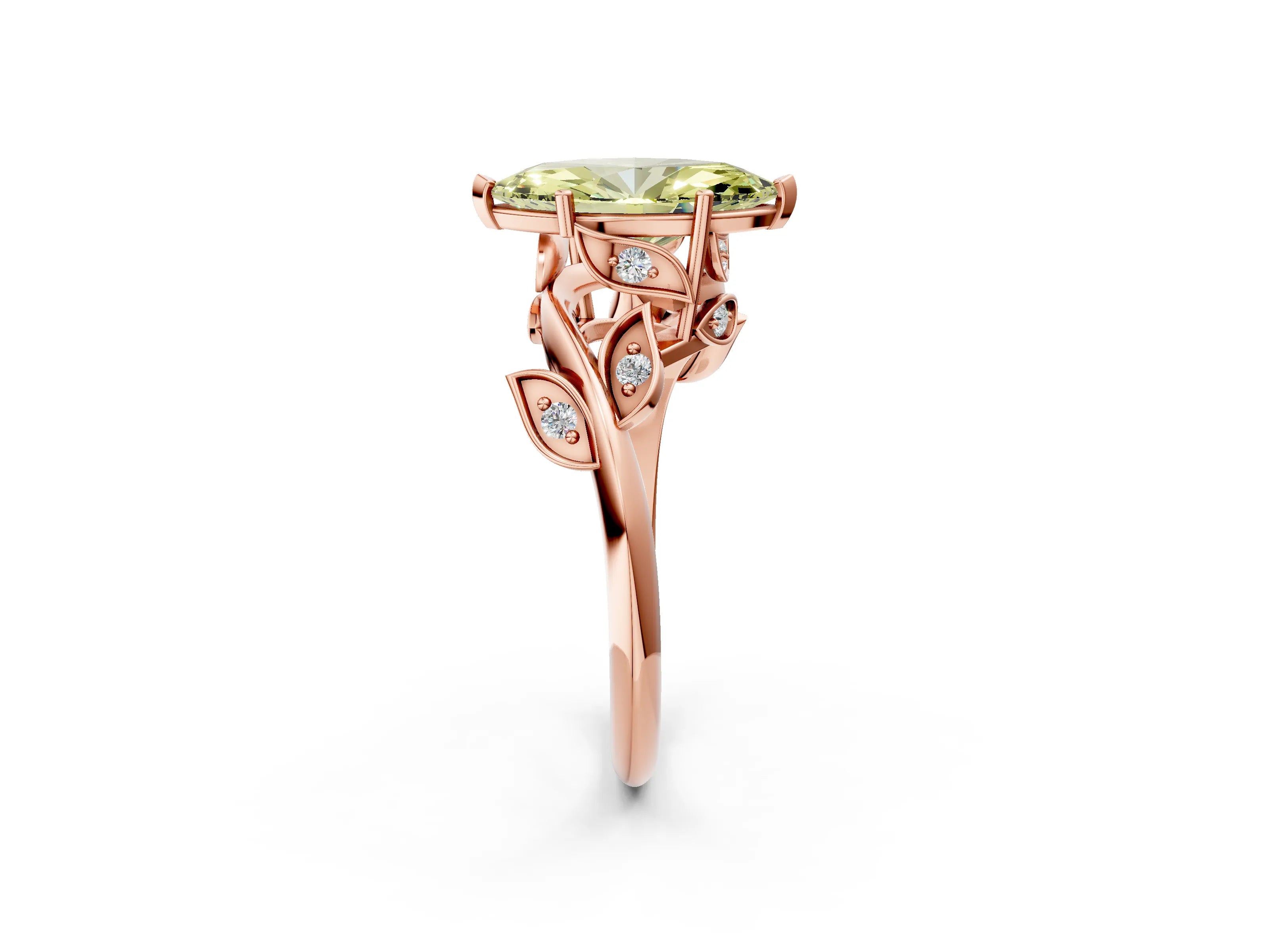 Rose gold Fancy Yellow Marquise Cut Solitaire Twist Engagement Ring with Leaf Accents and Prong Setting_14
