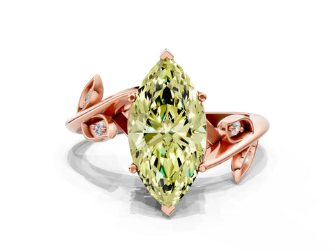 Rose gold Fancy Yellow Marquise Cut Solitaire Twist Engagement Ring with Leaf Accents and Prong Setting