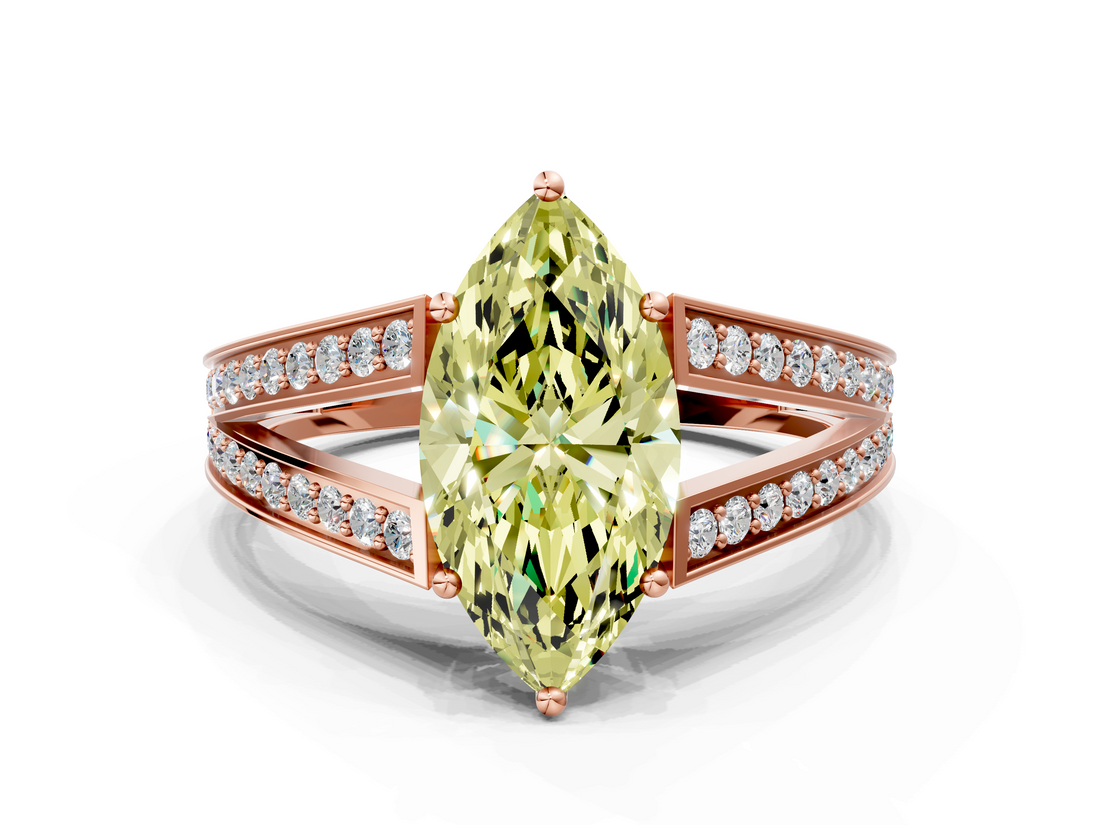 Rose gold Fancy Yellow Marquise  Cut Split Shank Pave Diamond Ring with Four-Prong Setting