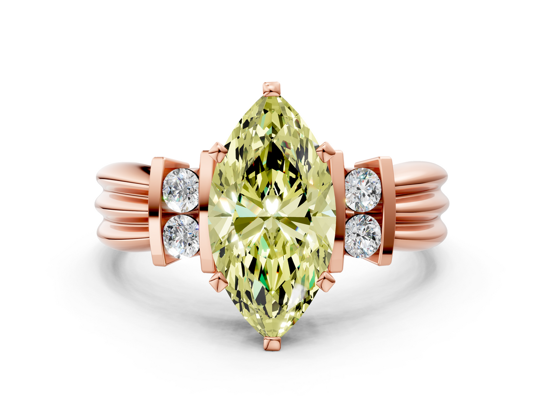 Rose gold Fancy Yellow Marquise  Cut Three-Stone Channel Set Ring with Bar Prongs