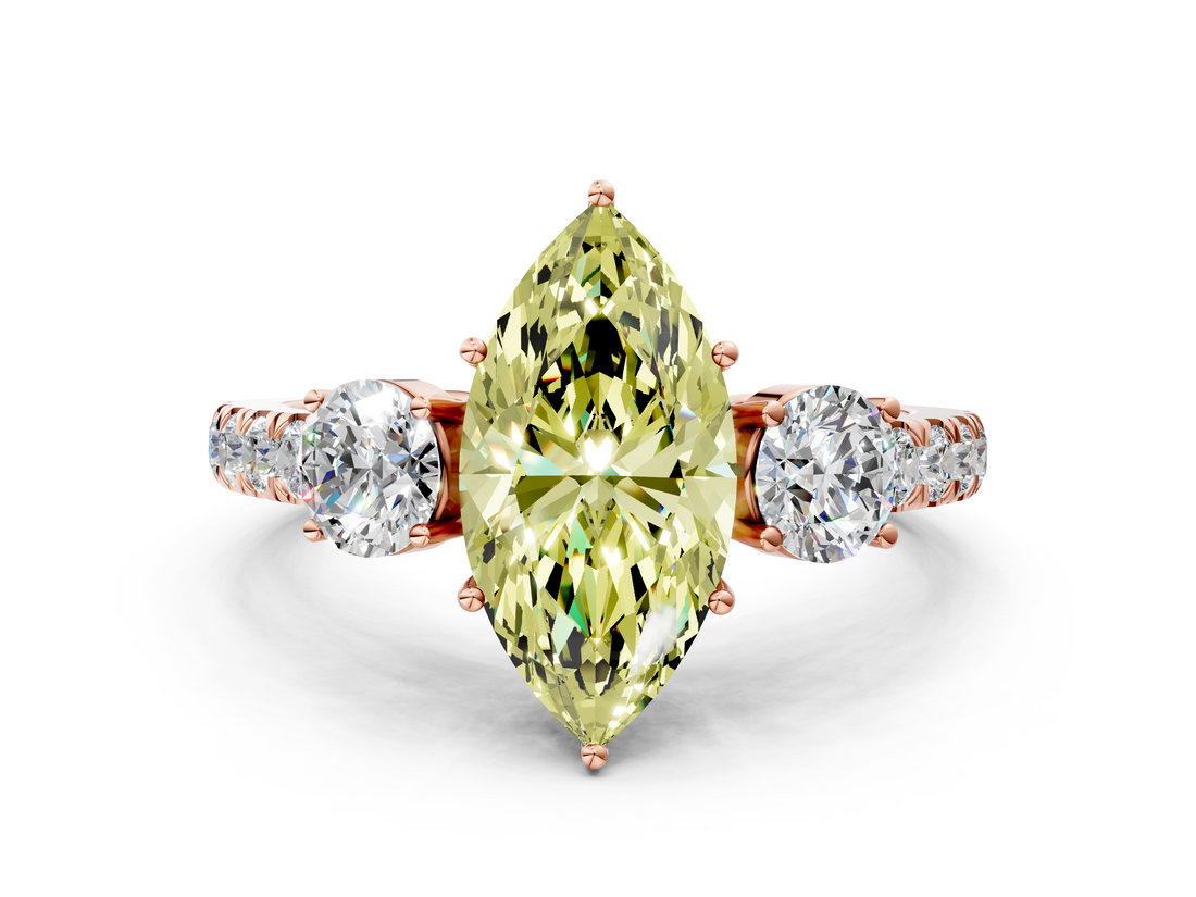 Rose gold Fancy Yellow Marquise  Cut Three-Stone Diamond Pave Band with Prong Setting_17