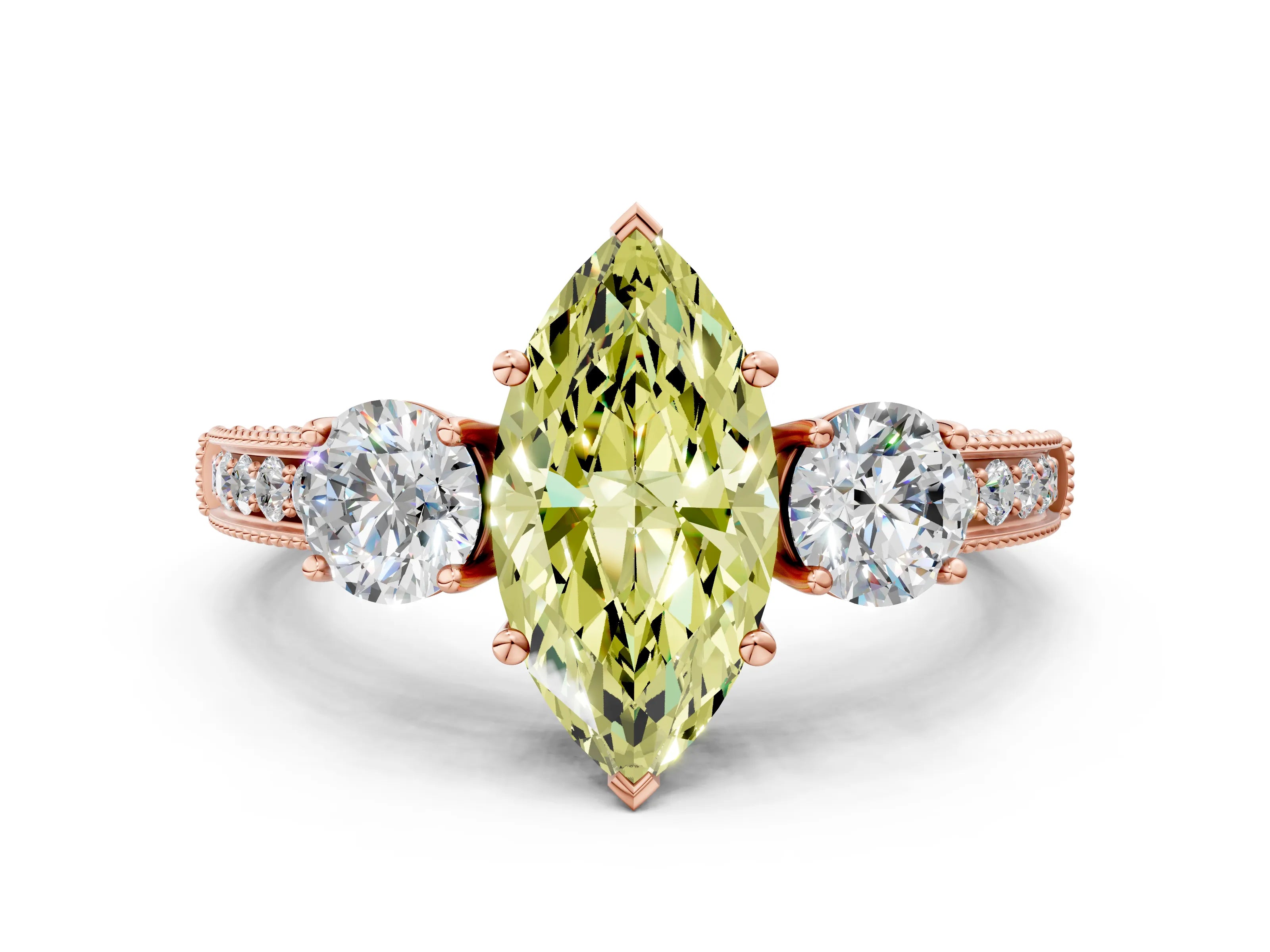 Rose gold Fancy Yellow Marquise Cut Three-Stone Diamond Ring with Pavé Band and Four-Prong Setting