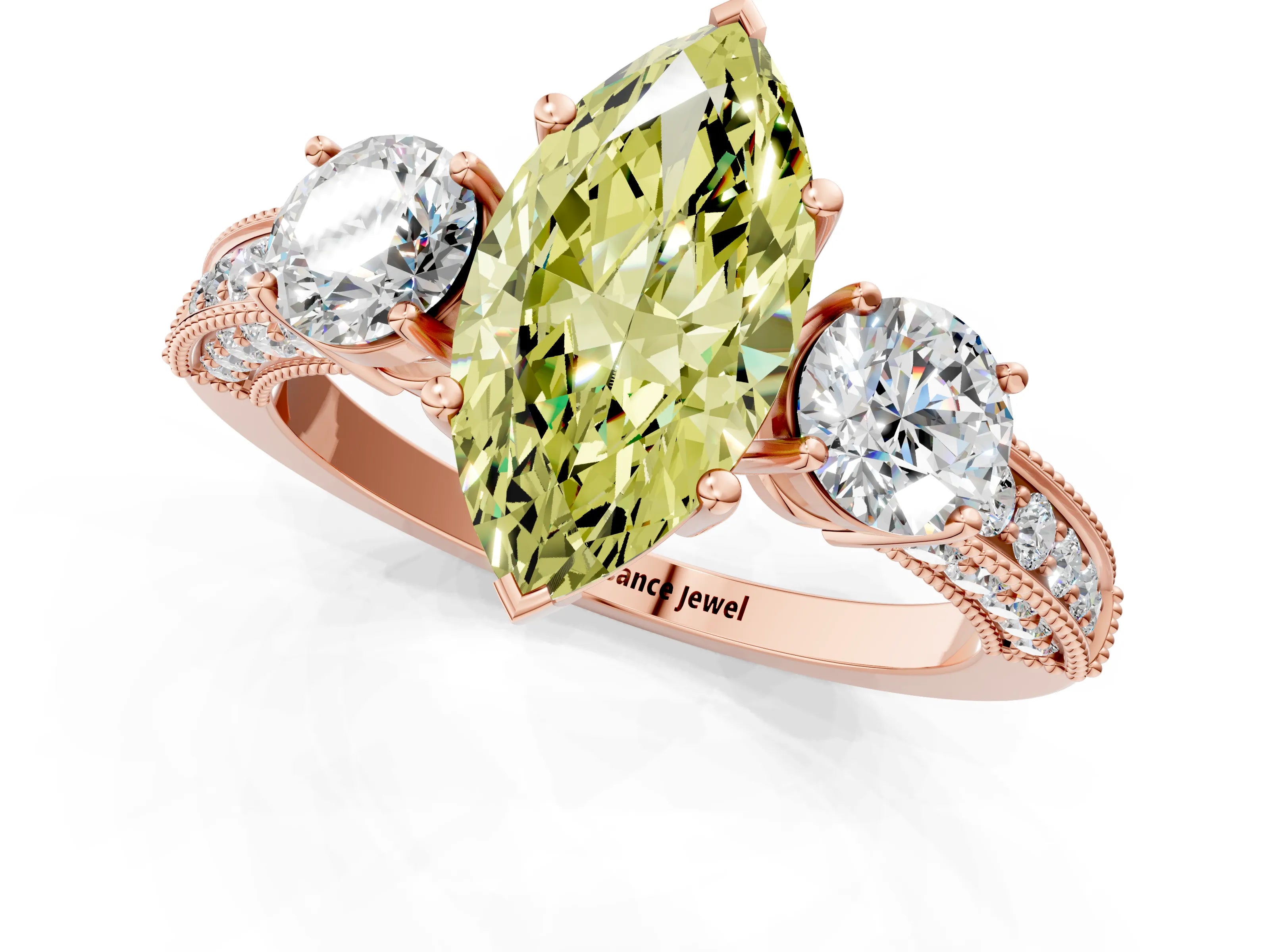 Rose gold Fancy Yellow Marquise Cut Three-Stone Diamond Ring with Pavé Band and Four-Prong Setting_1