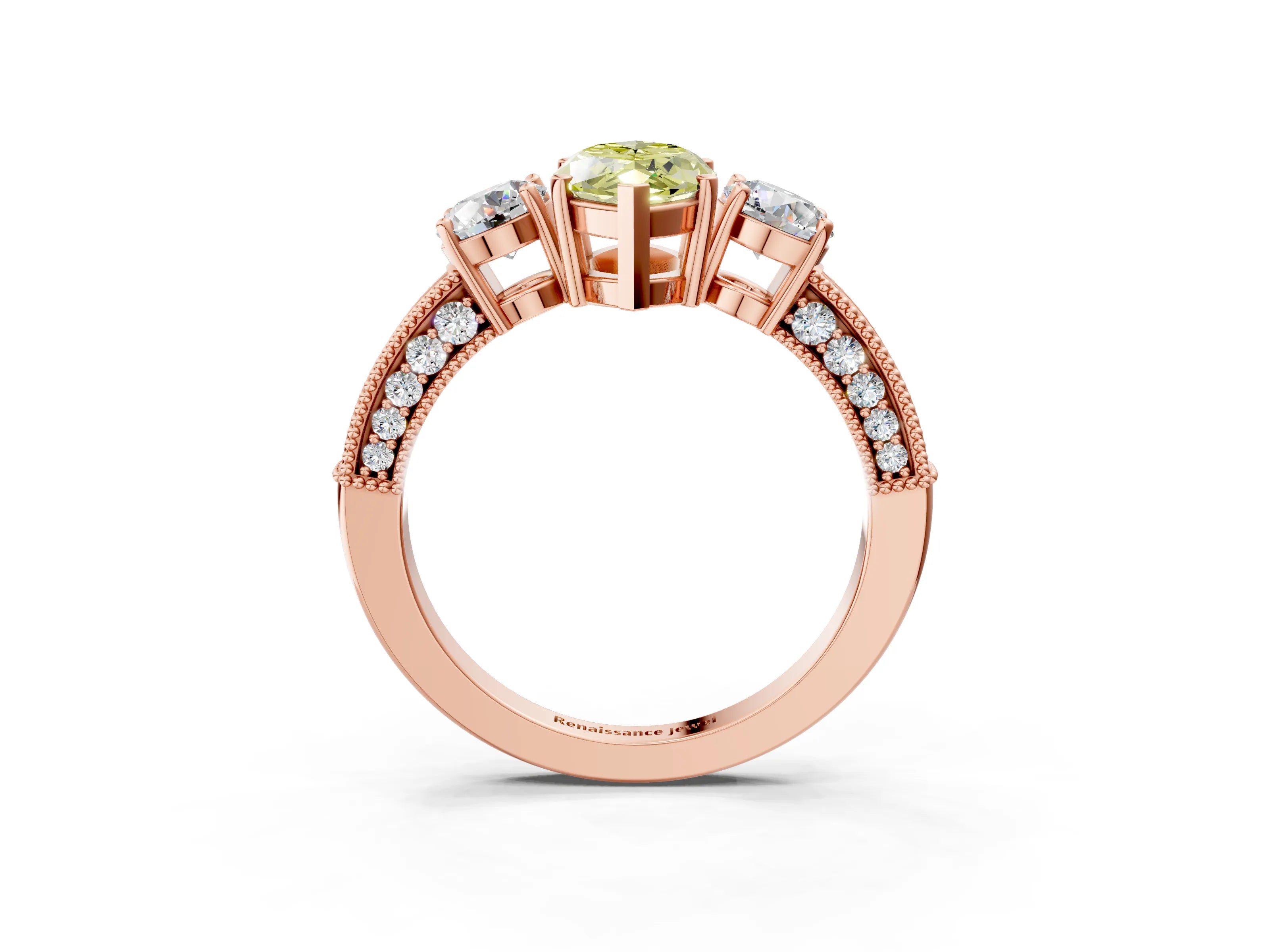 Rose gold Fancy Yellow Marquise Cut Three-Stone Diamond Ring with Pavé Band and Four-Prong Setting_3