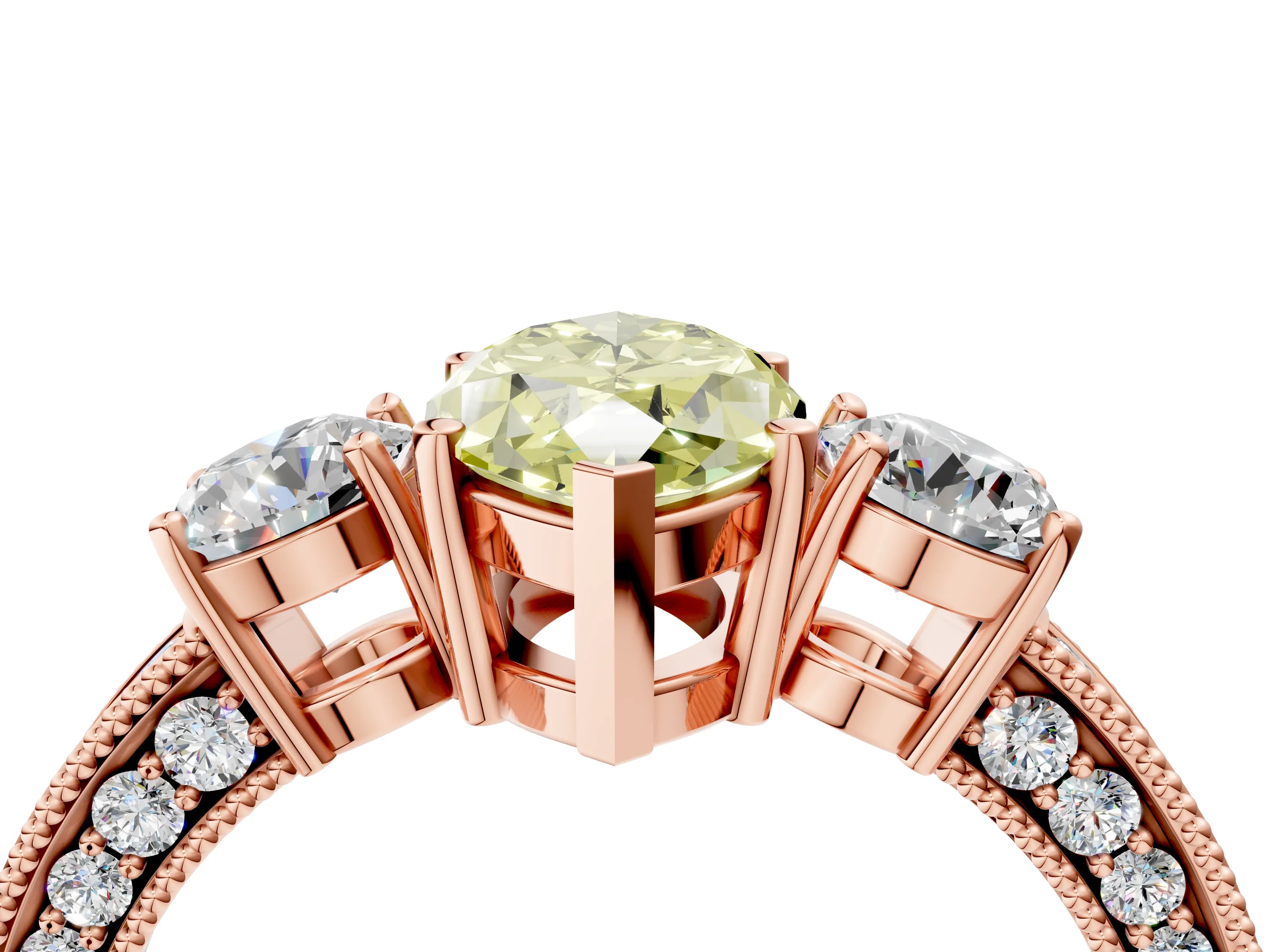 Rose gold Fancy Yellow Marquise Cut Three-Stone Diamond Ring with Pavé Band and Four-Prong Setting_4
